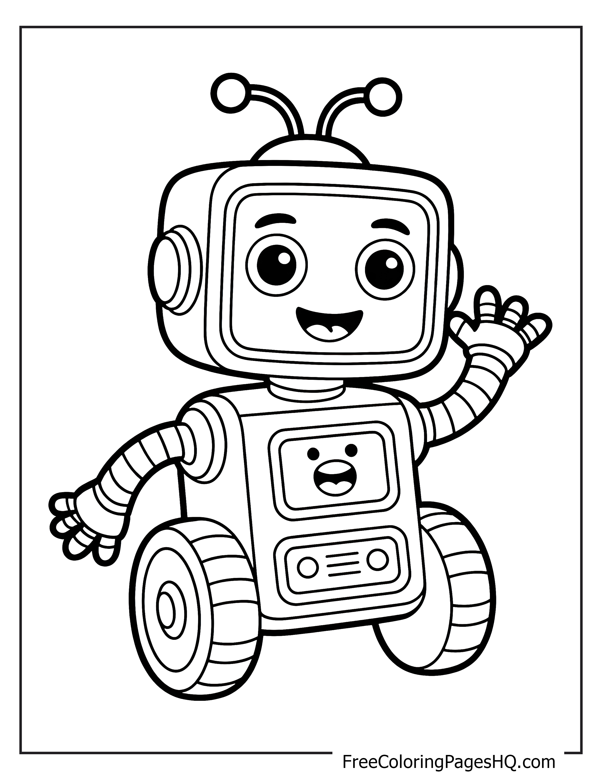 Cartoon robot with antennas waving and smiling.
