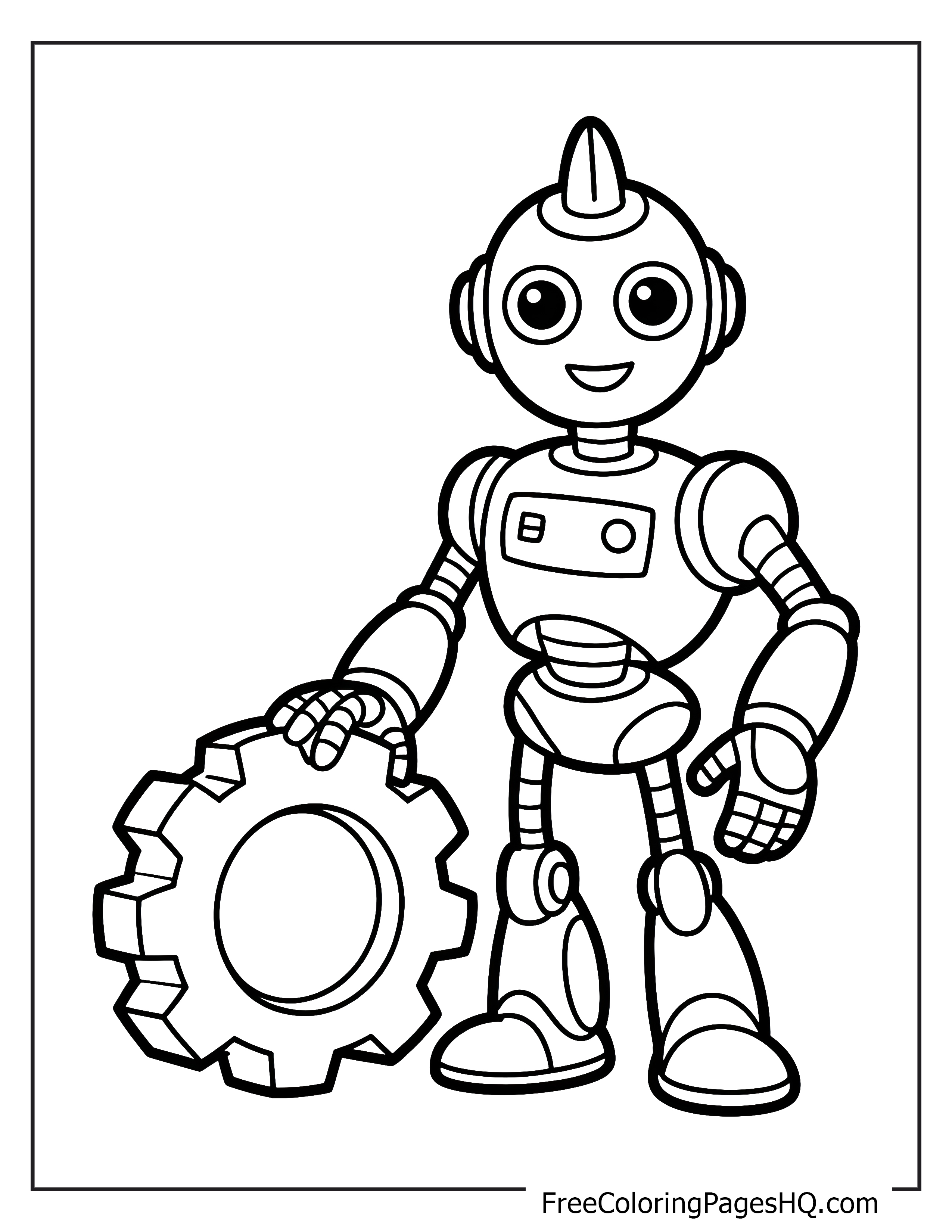A friendly robot with a big gear, smiling widely.