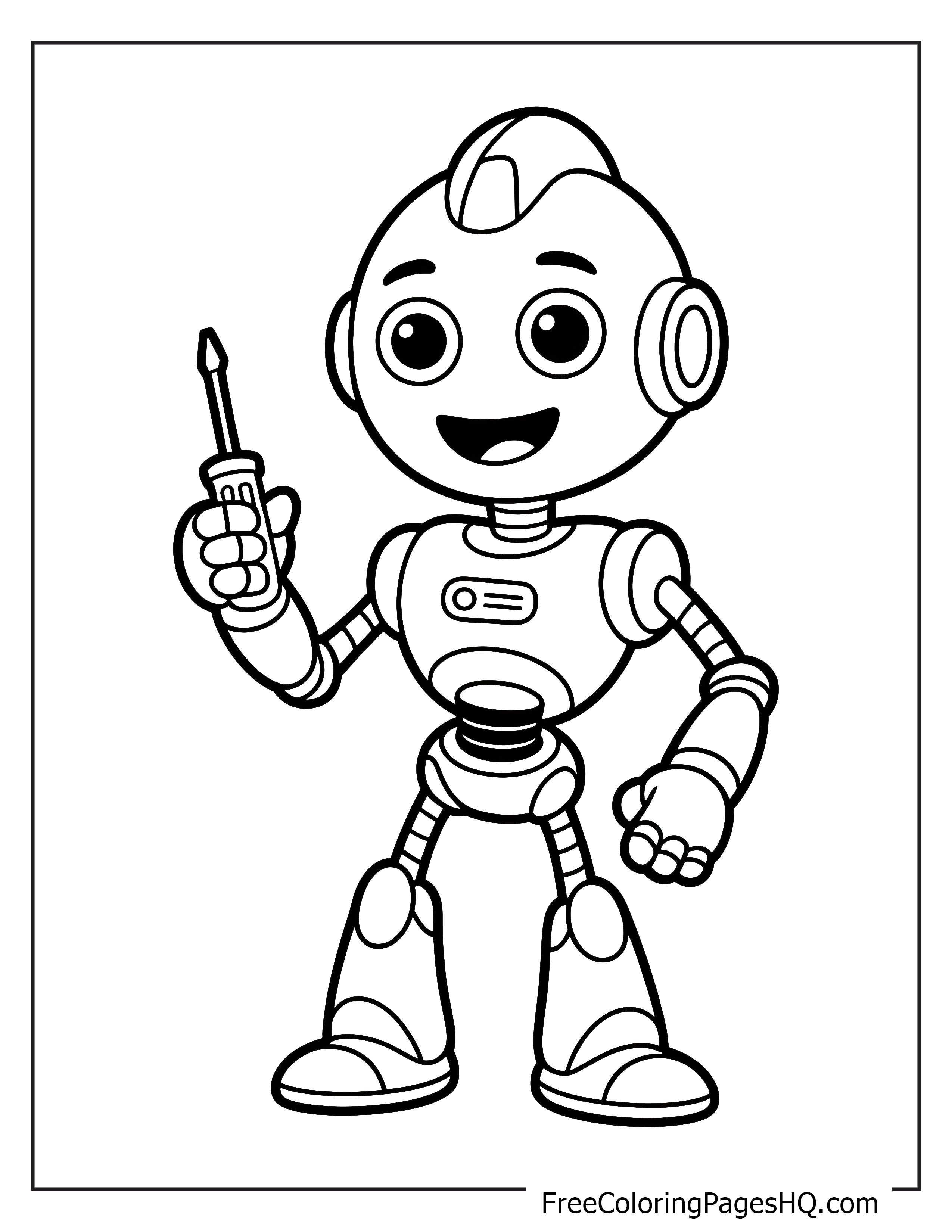 A cheerful robot holding a screwdriver and smiling.