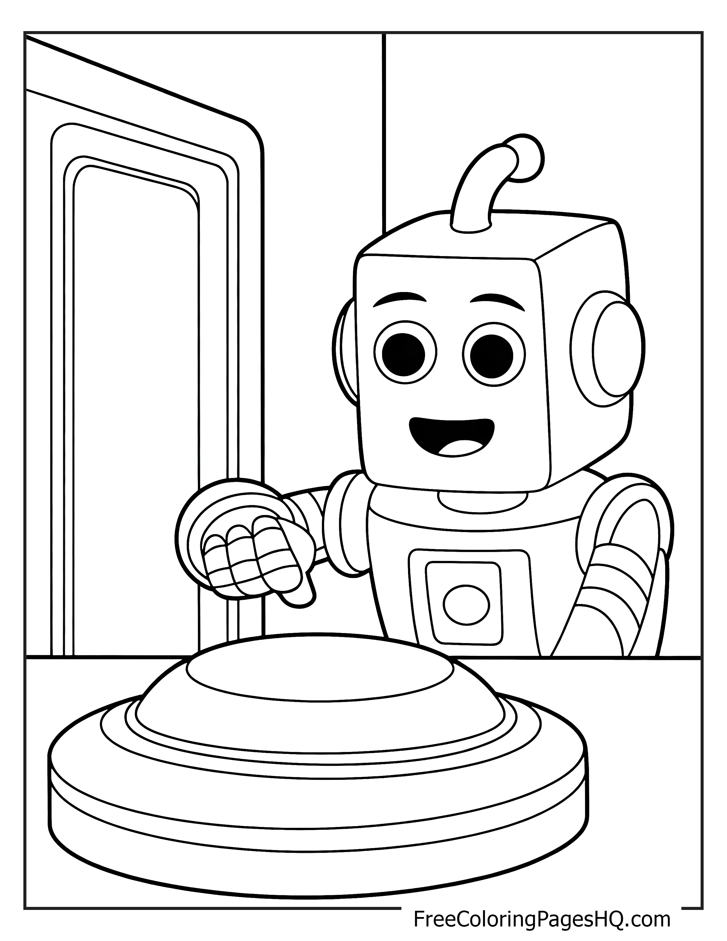 A robot excitedly reaching for a big button with a smile.