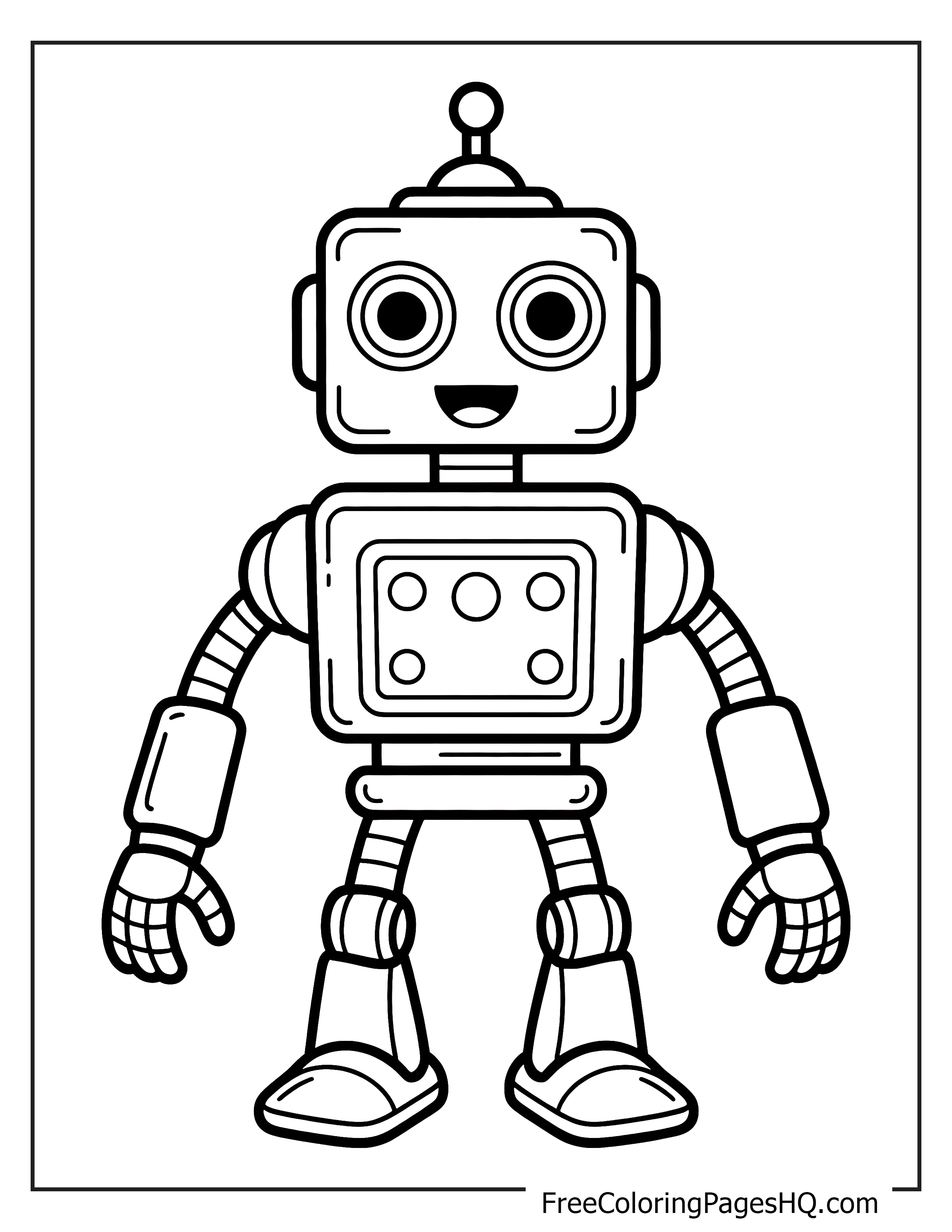A happy robot with large eyes and open arms stands invitingly.
