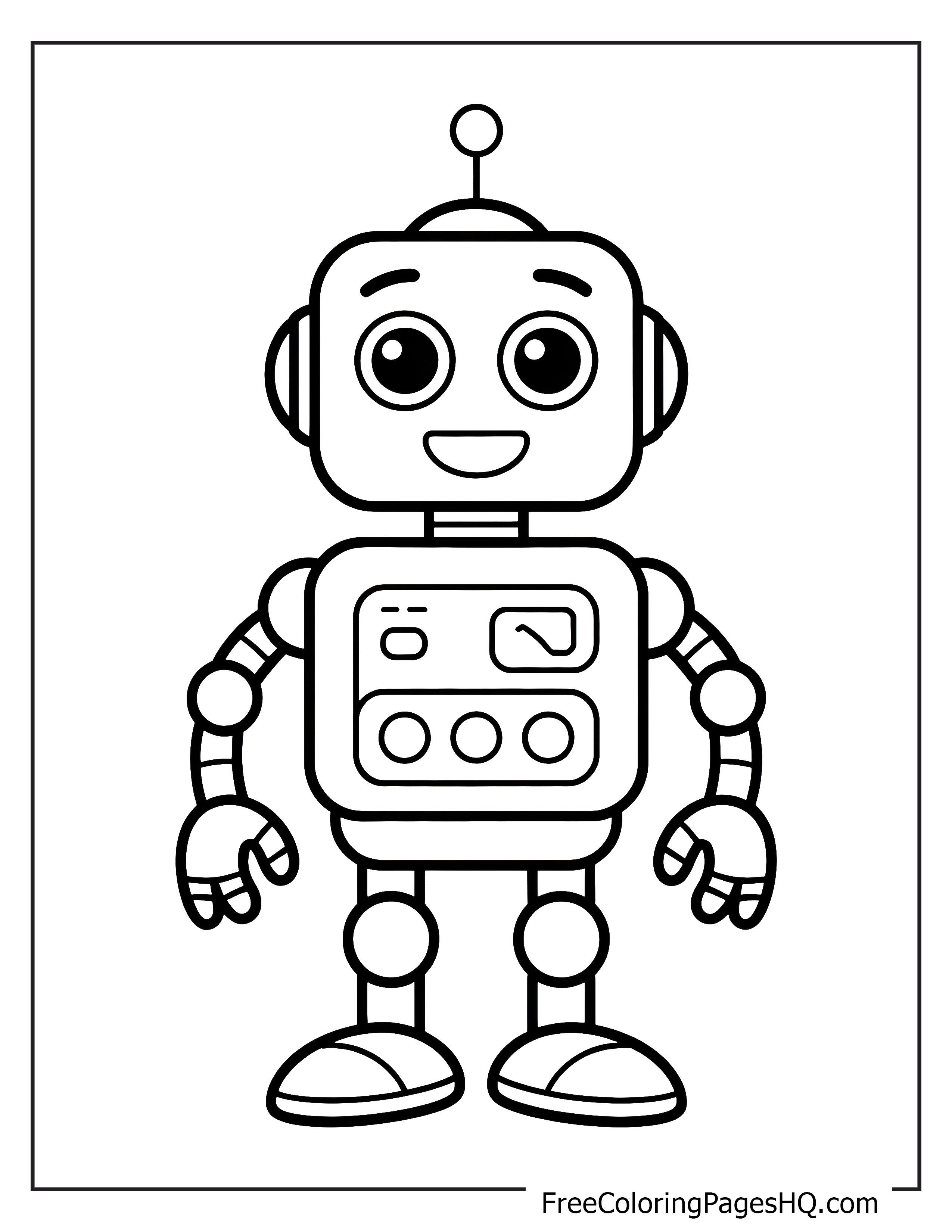 A smiling robot with large eyes and an antenna on its head.