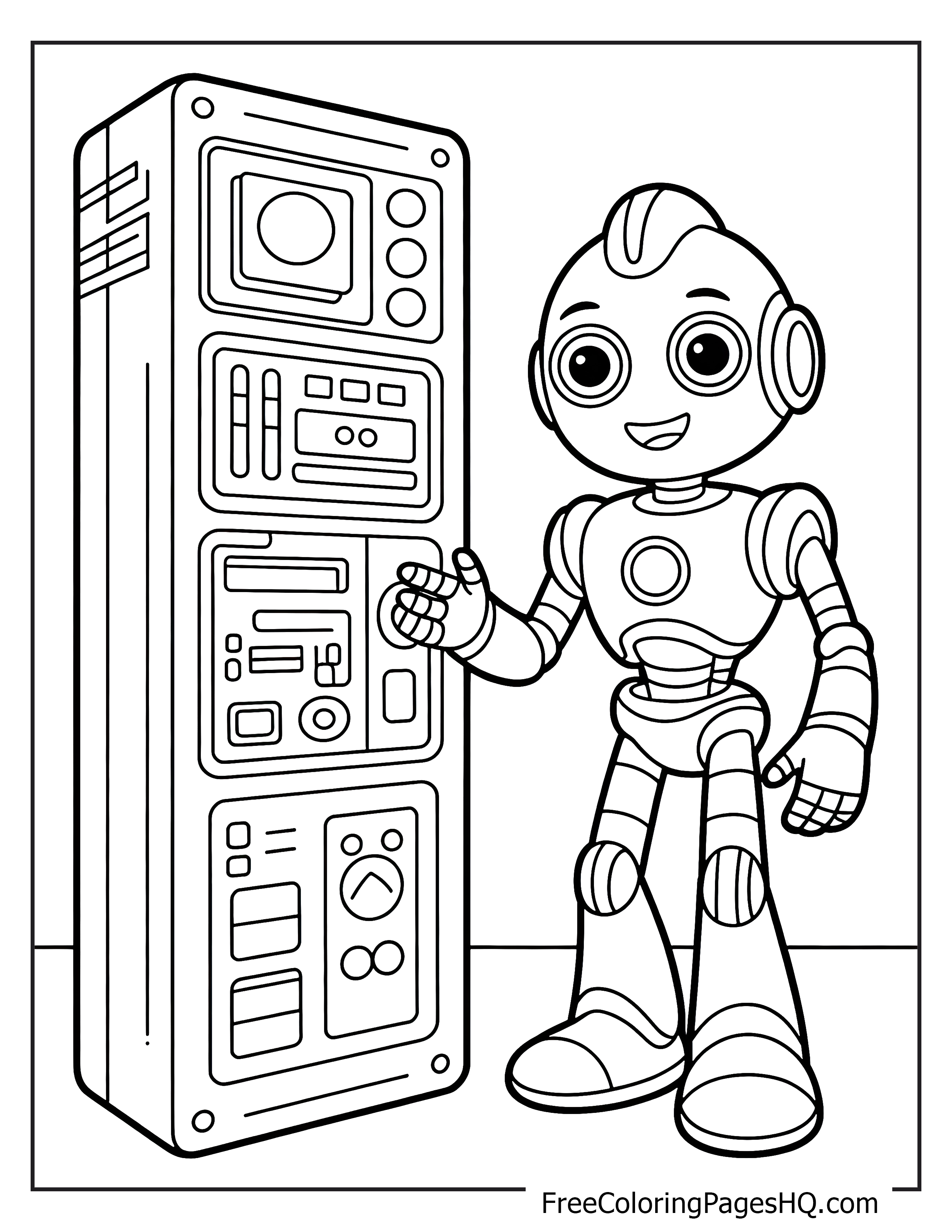 A robot smiling next to a large control panel.