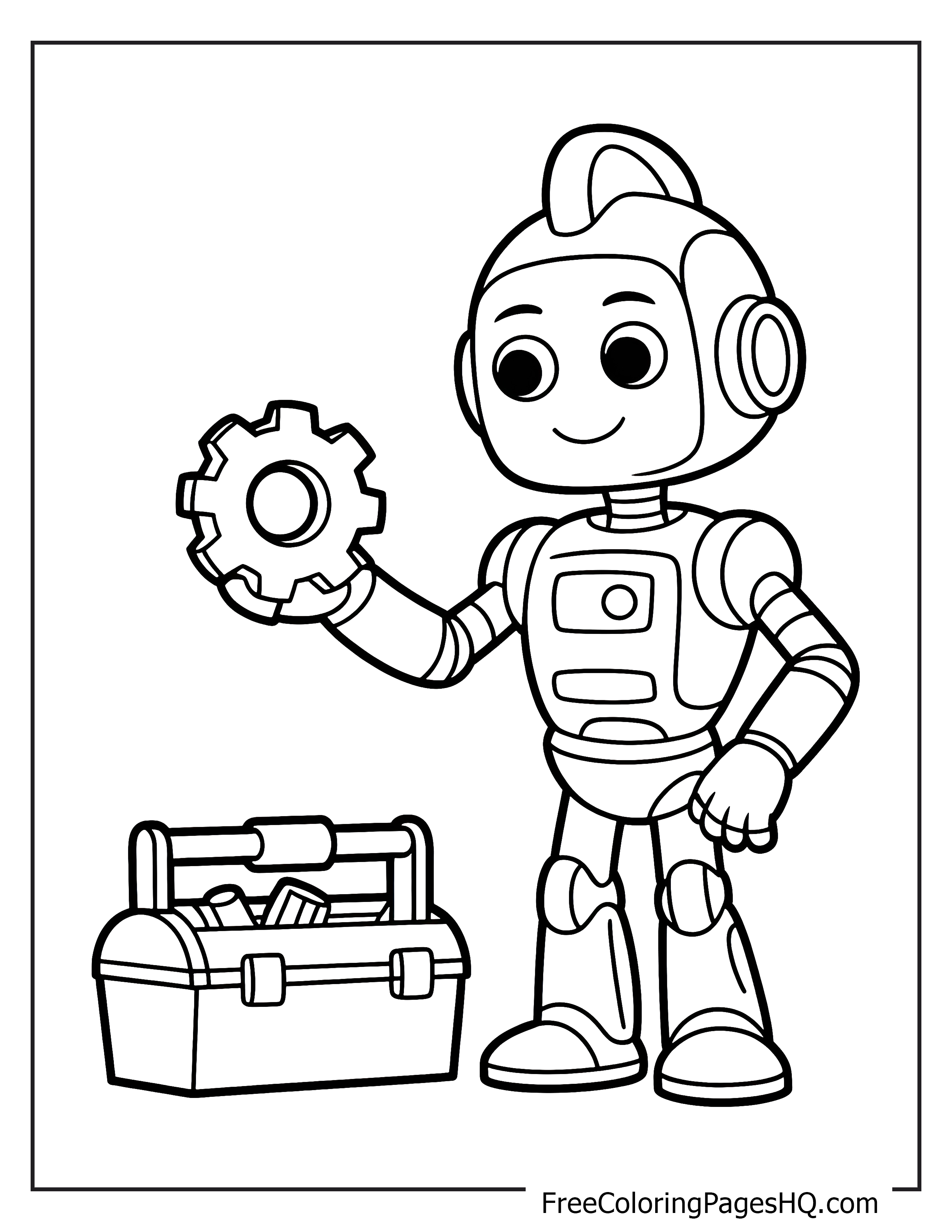 A cheerful robot is holding a gear with a toolbox nearby.