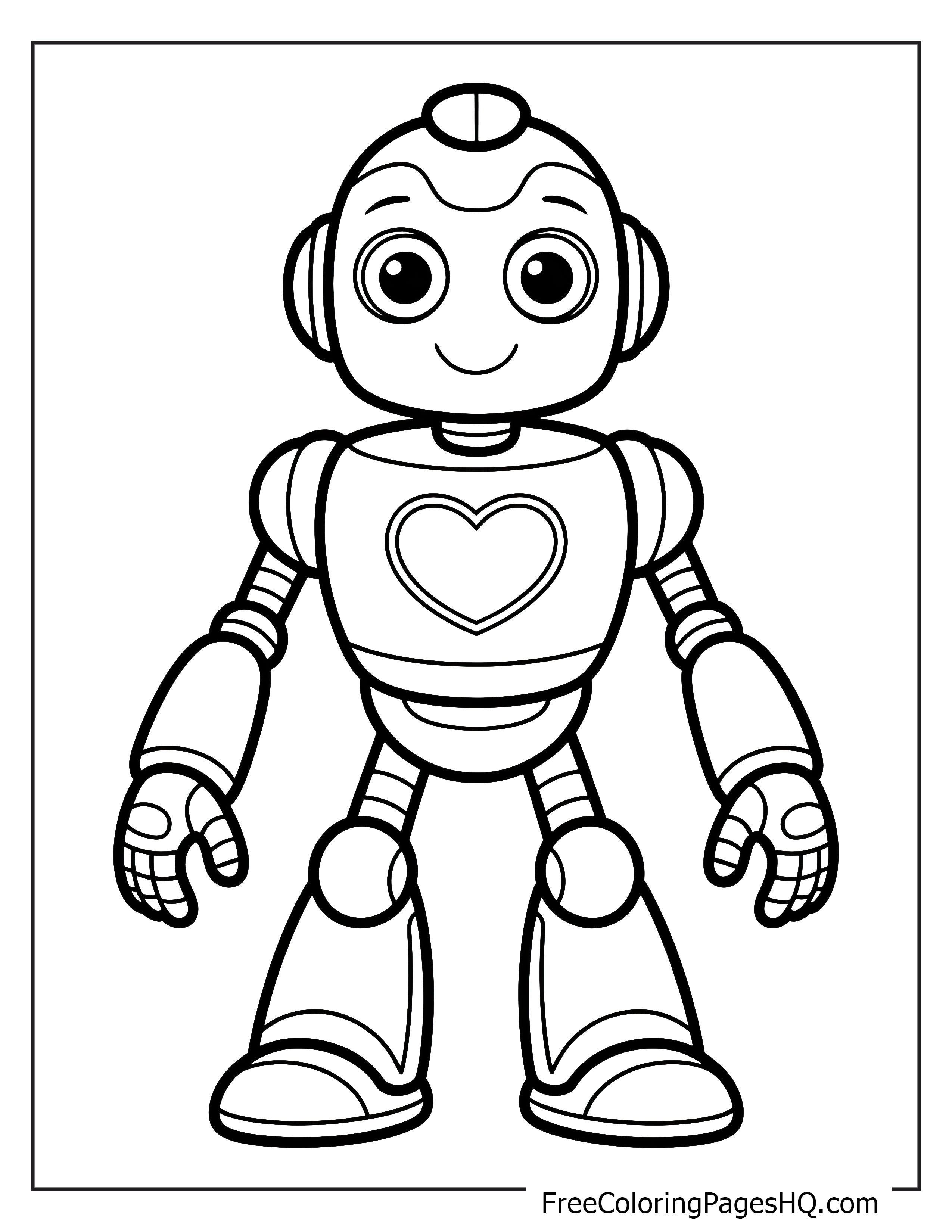 A smiling robot features a heart symbol on its chest.
