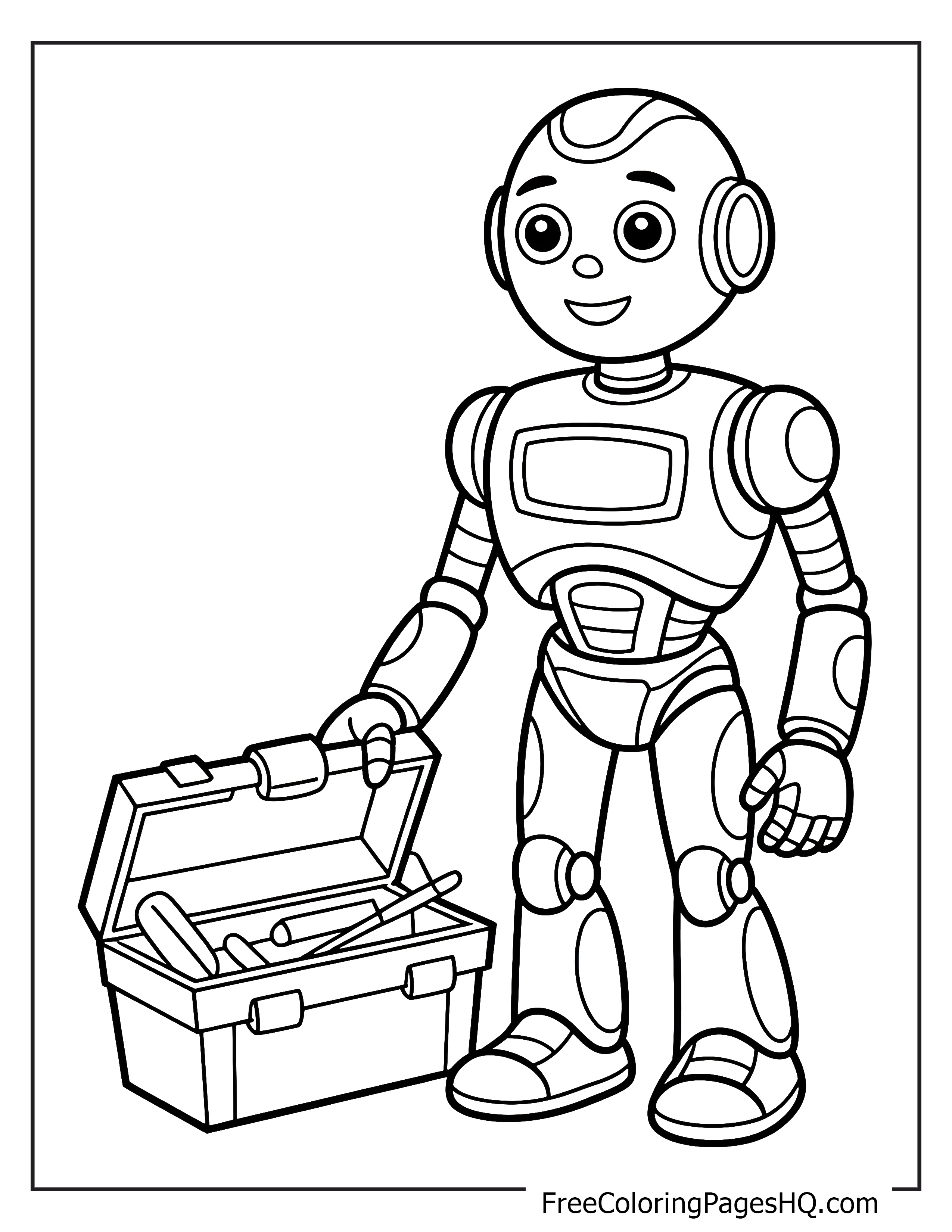 A smiling robot next to an open toolbox filled with tools.