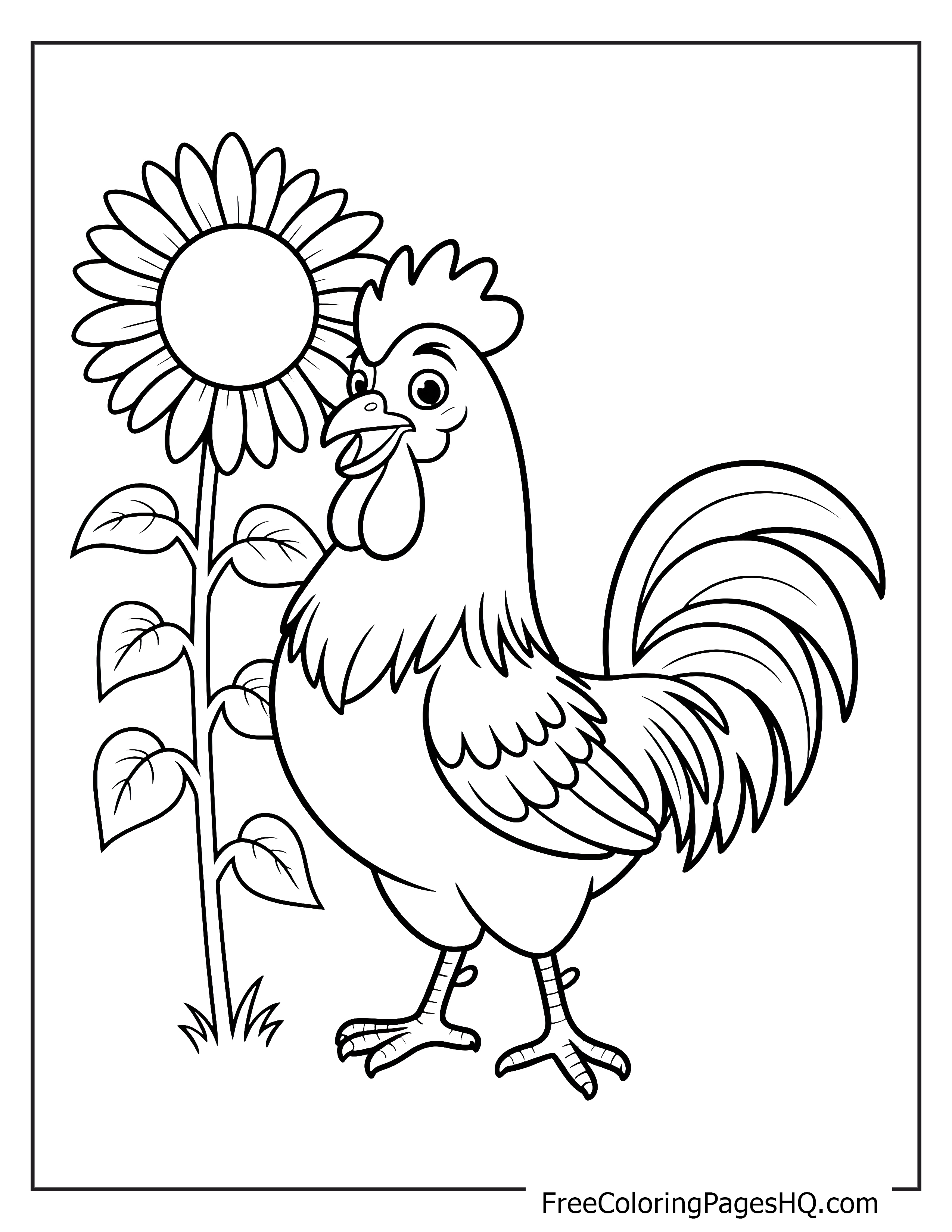 A smiling rooster next to a large sunflower.