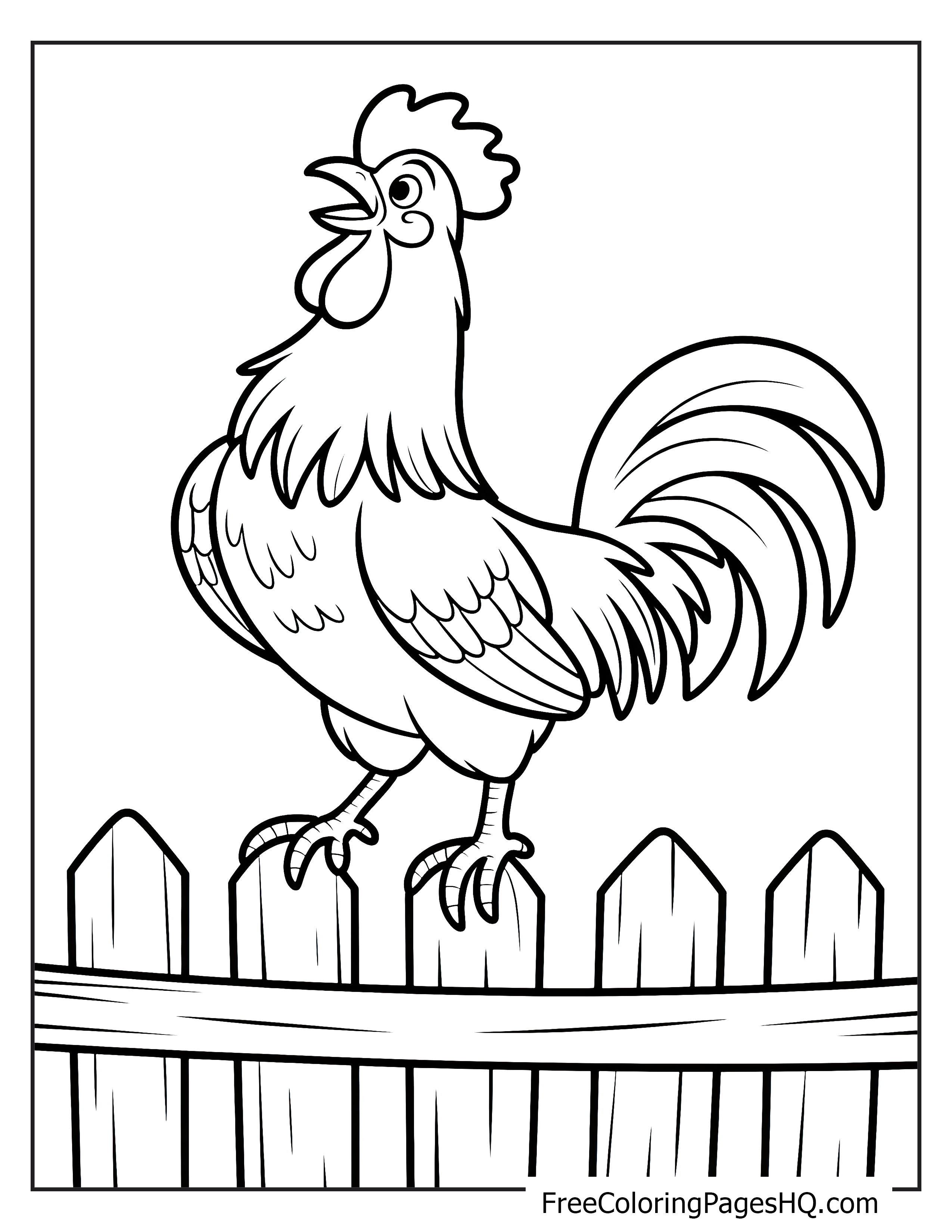 A rooster stands on a wooden fence, crowing energetically.