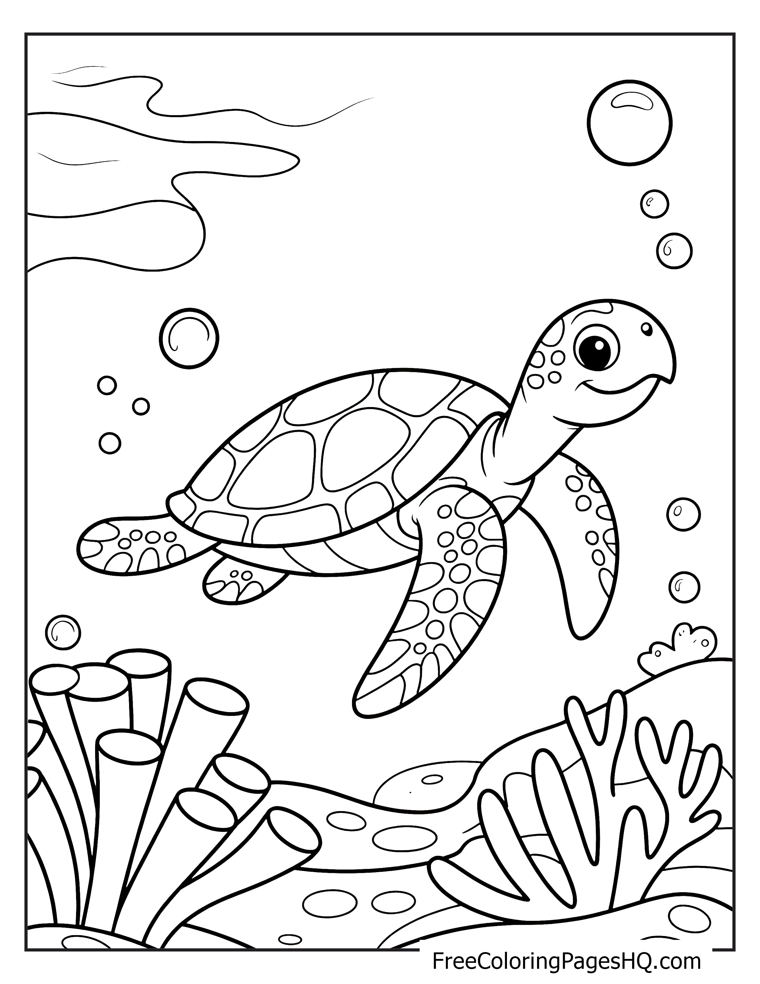 A sea turtle swims amid bubbles and coral in the ocean.