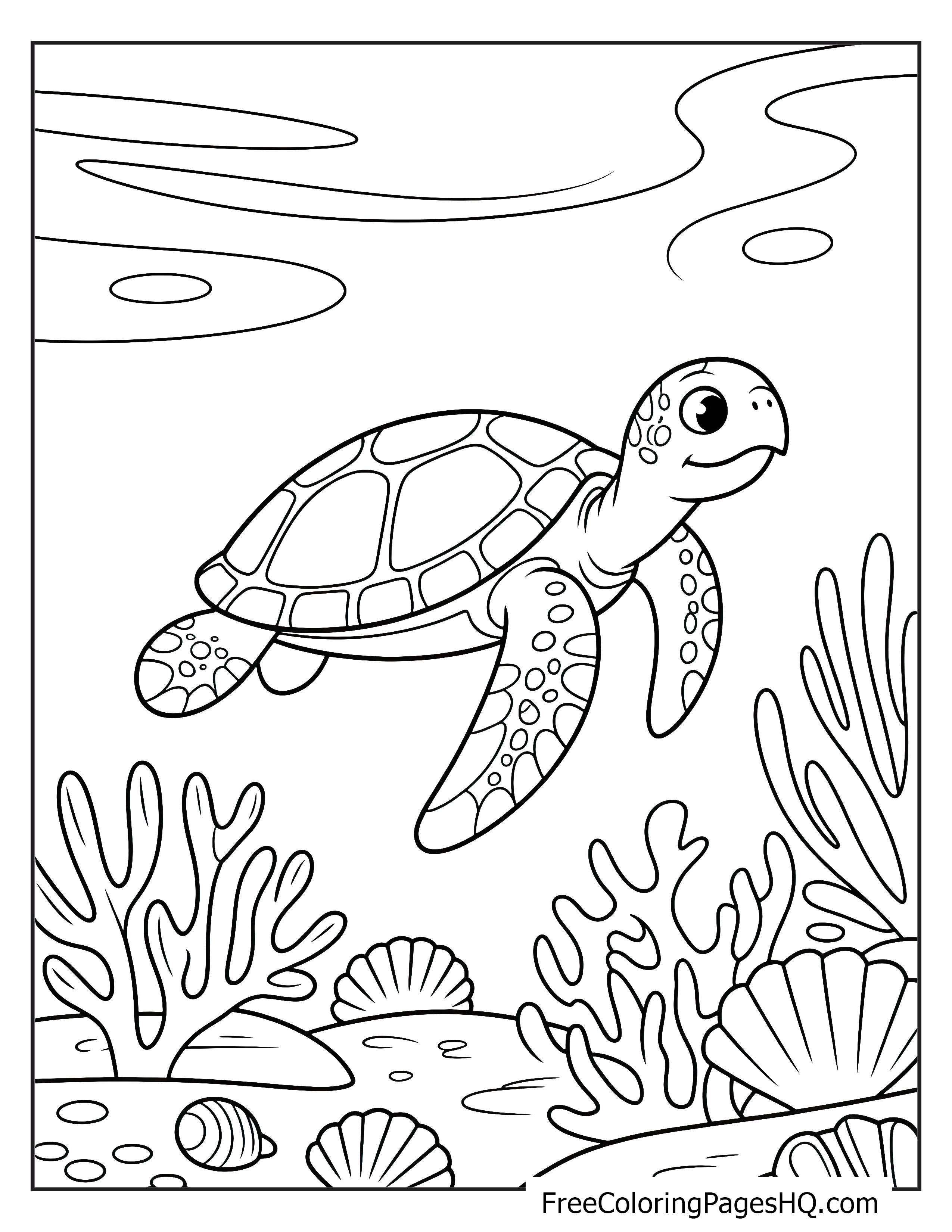 A smiling sea turtle swimming above coral and seashells.