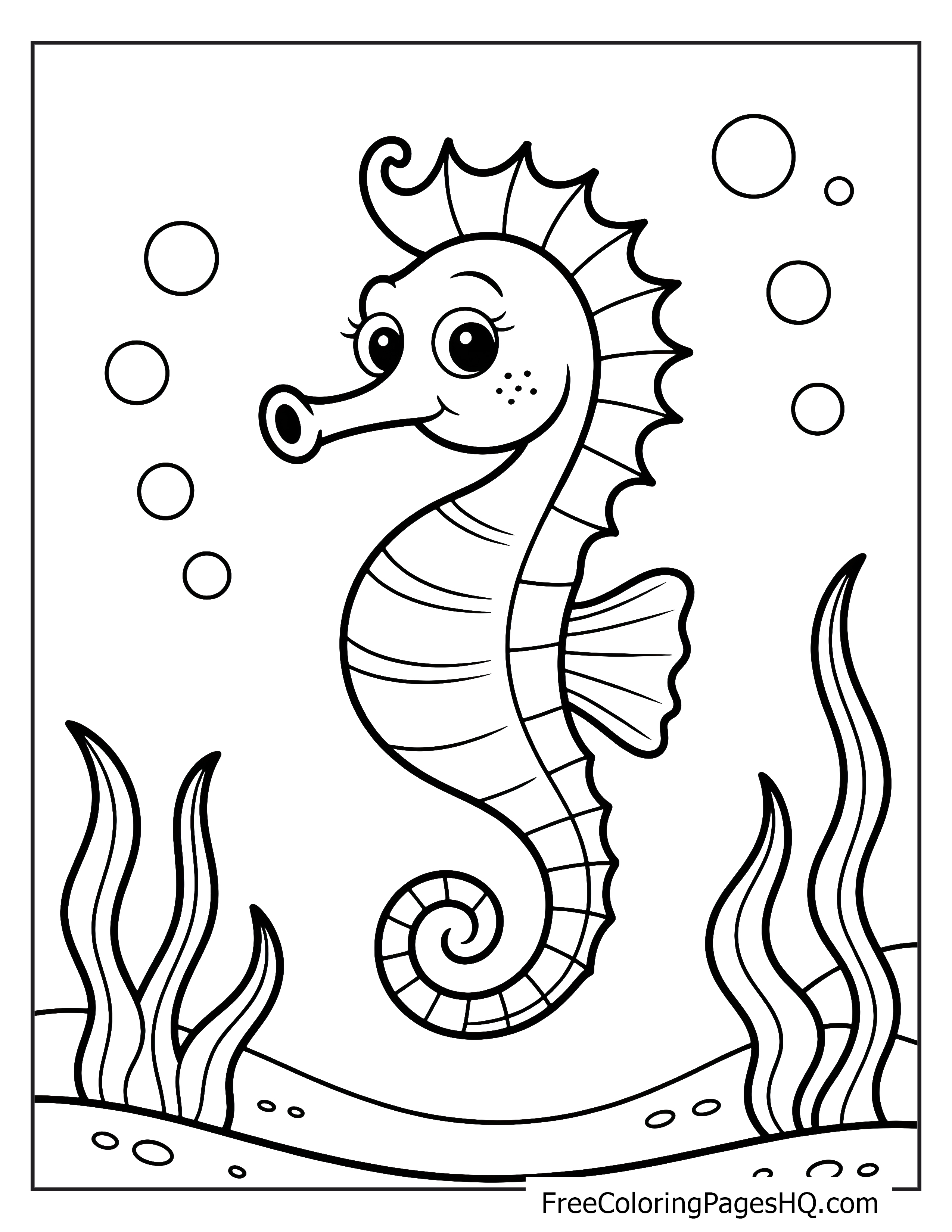 A cheerful seahorse surrounded by bubbles and seaweed underwater.