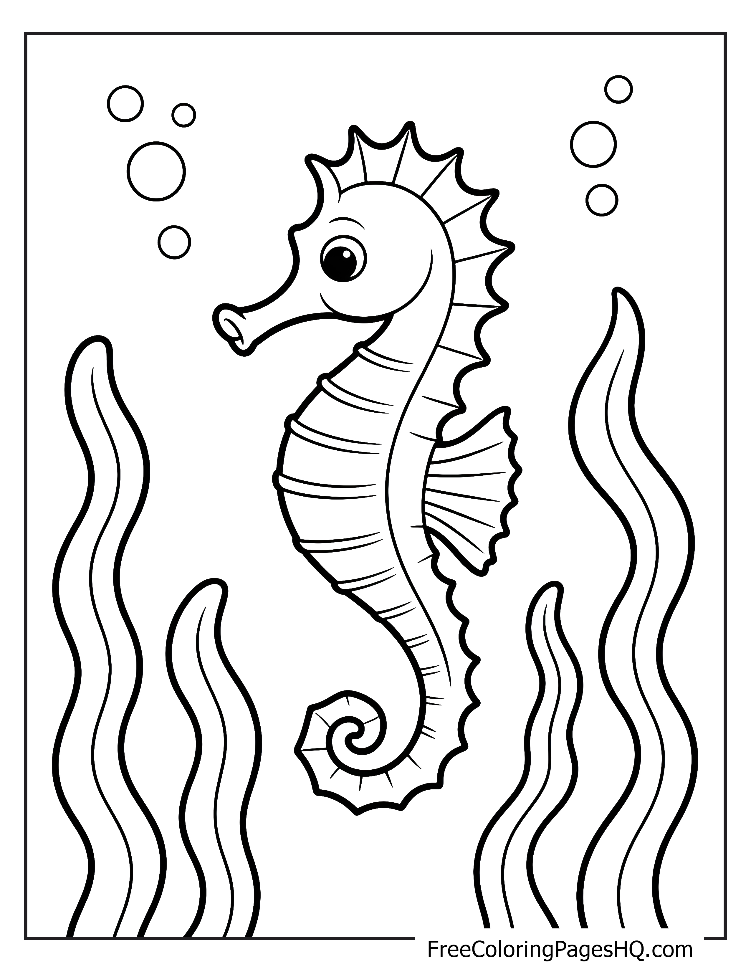 A seahorse with a curled tail surrounded by seaweed and bubbles.