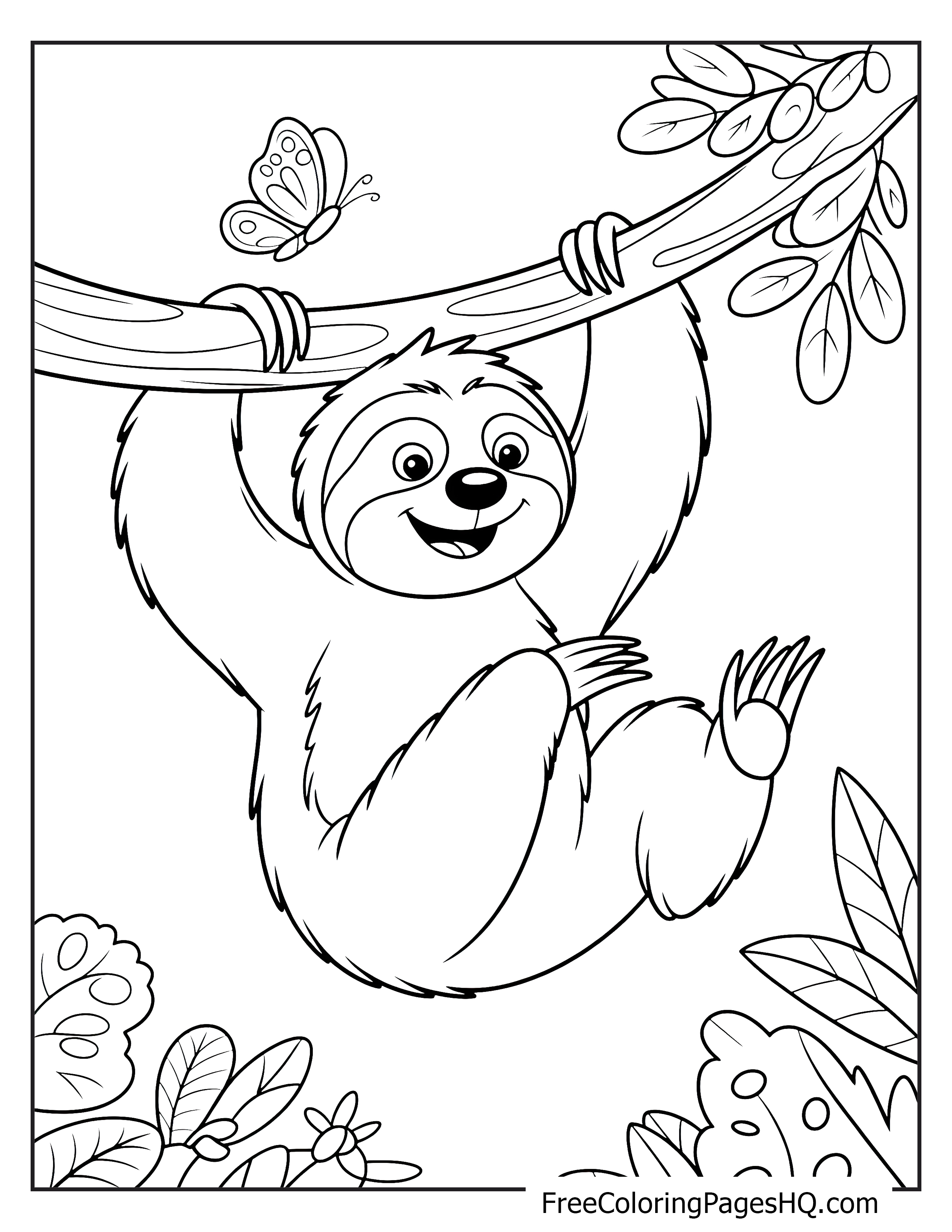 A happy sloth hangs from a branch near a butterfly.