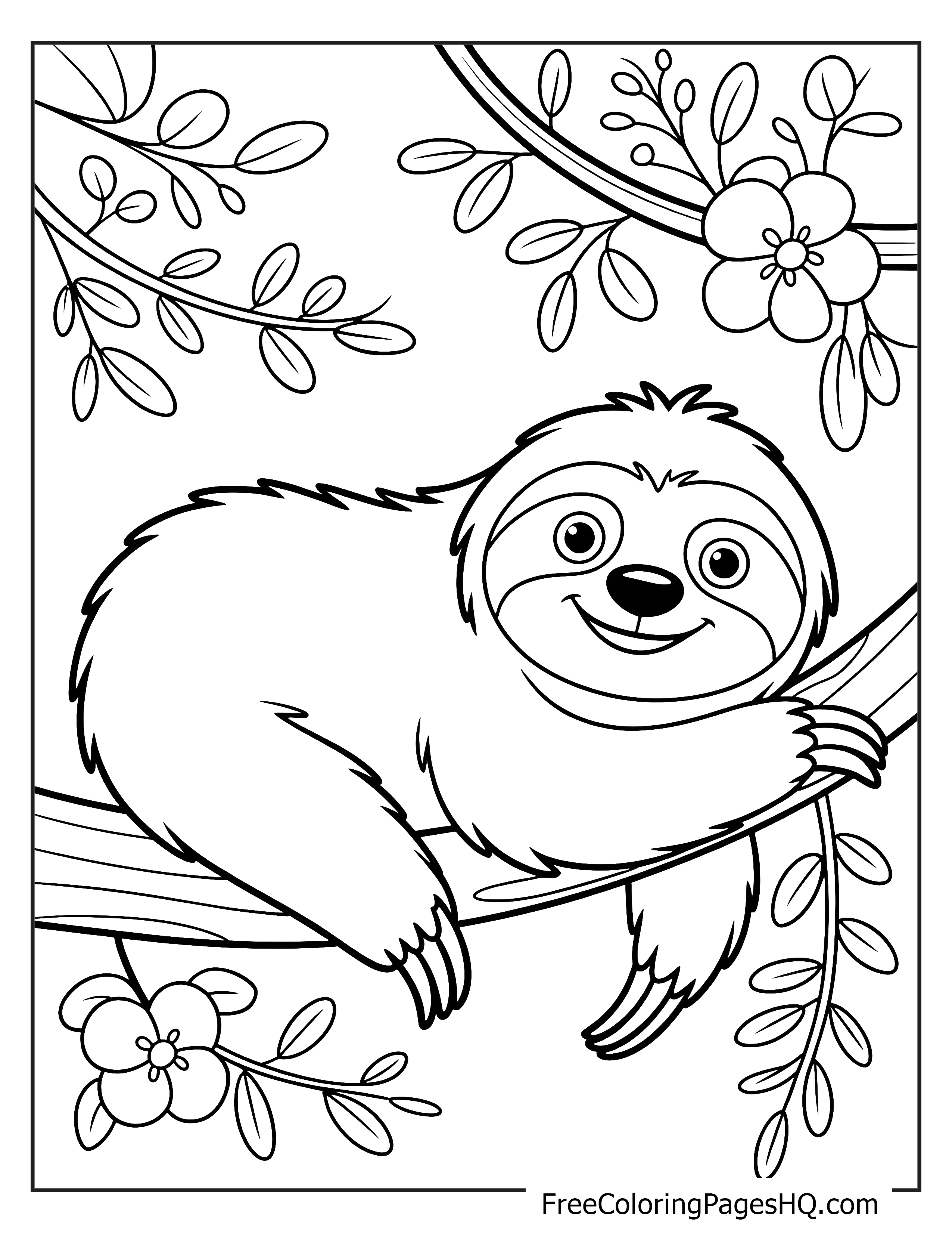 A smiling sloth hanging on a tree branch, framed by flowers and leaves.