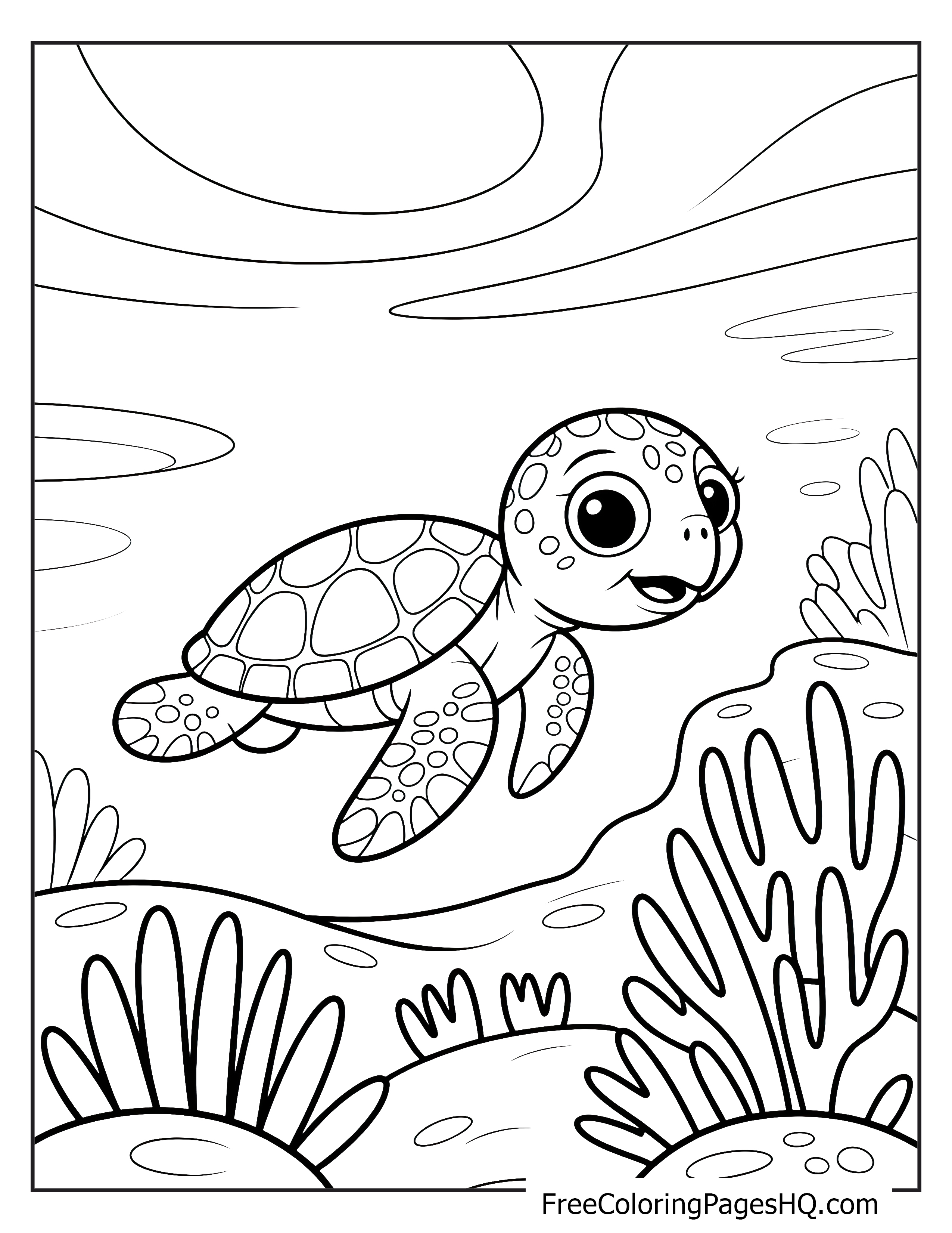A joyful turtle swims among sea plants at the ocean floor.