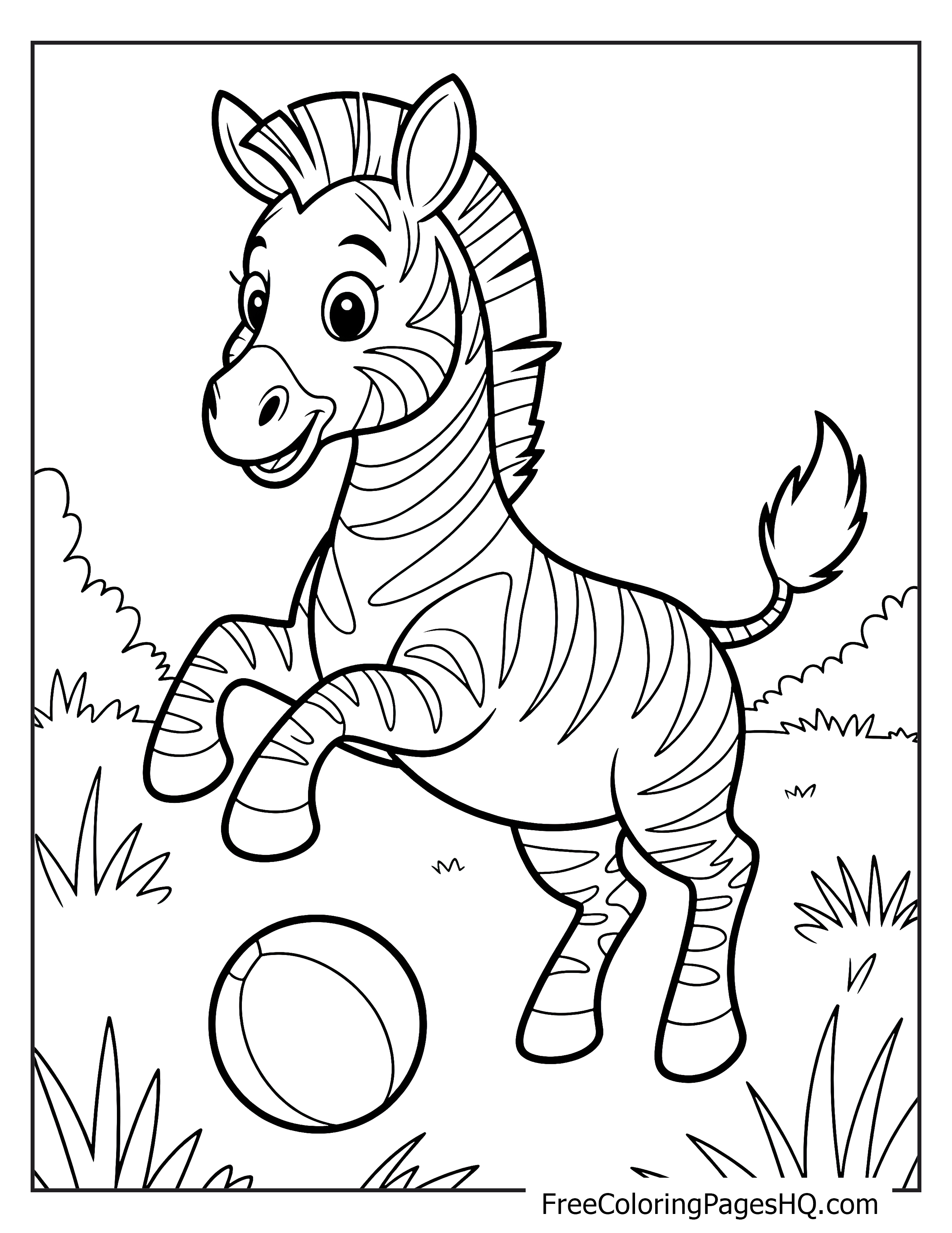 A happy zebra playing with a ball in a field.