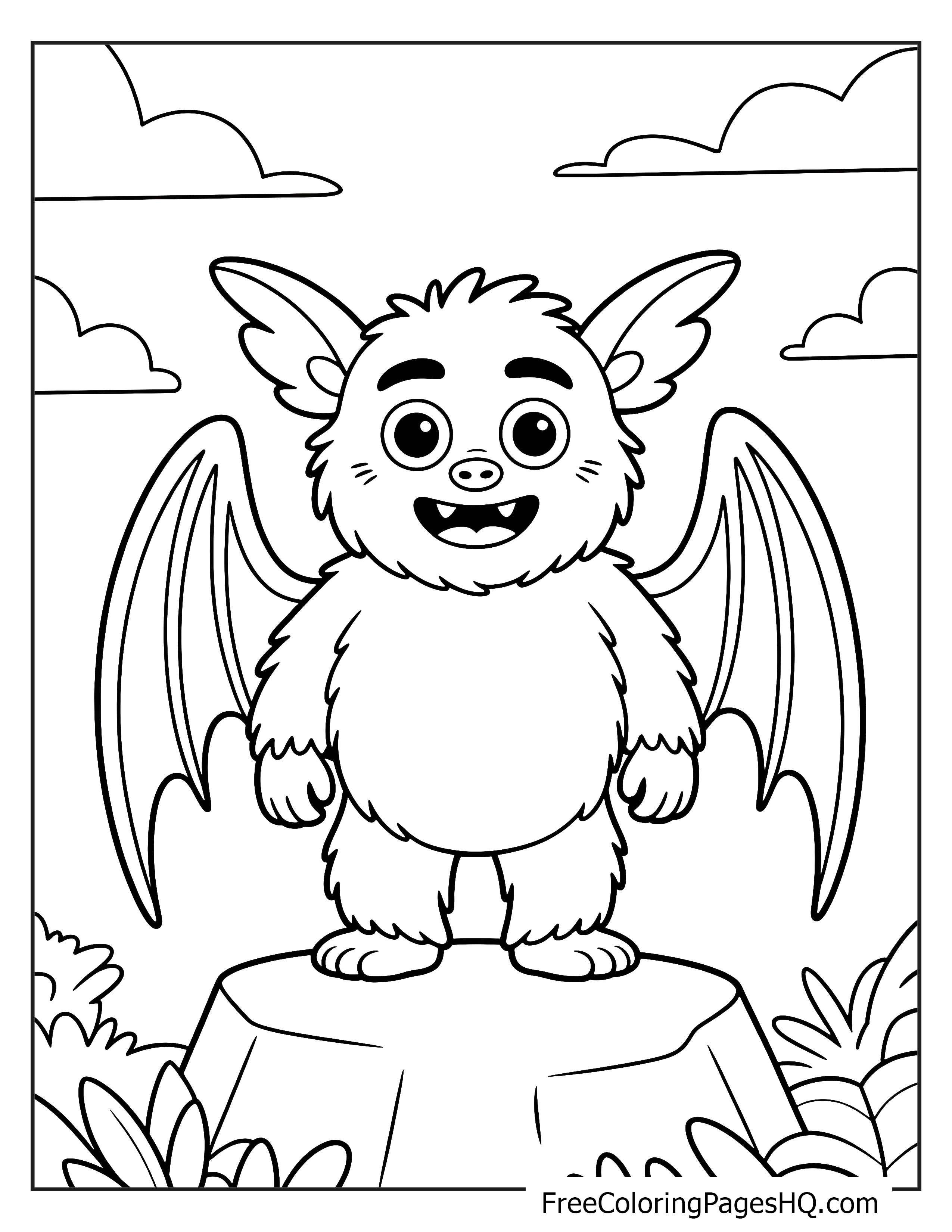 A cute, smiling bat with fluffy fur stands on a tree stump in the forest.