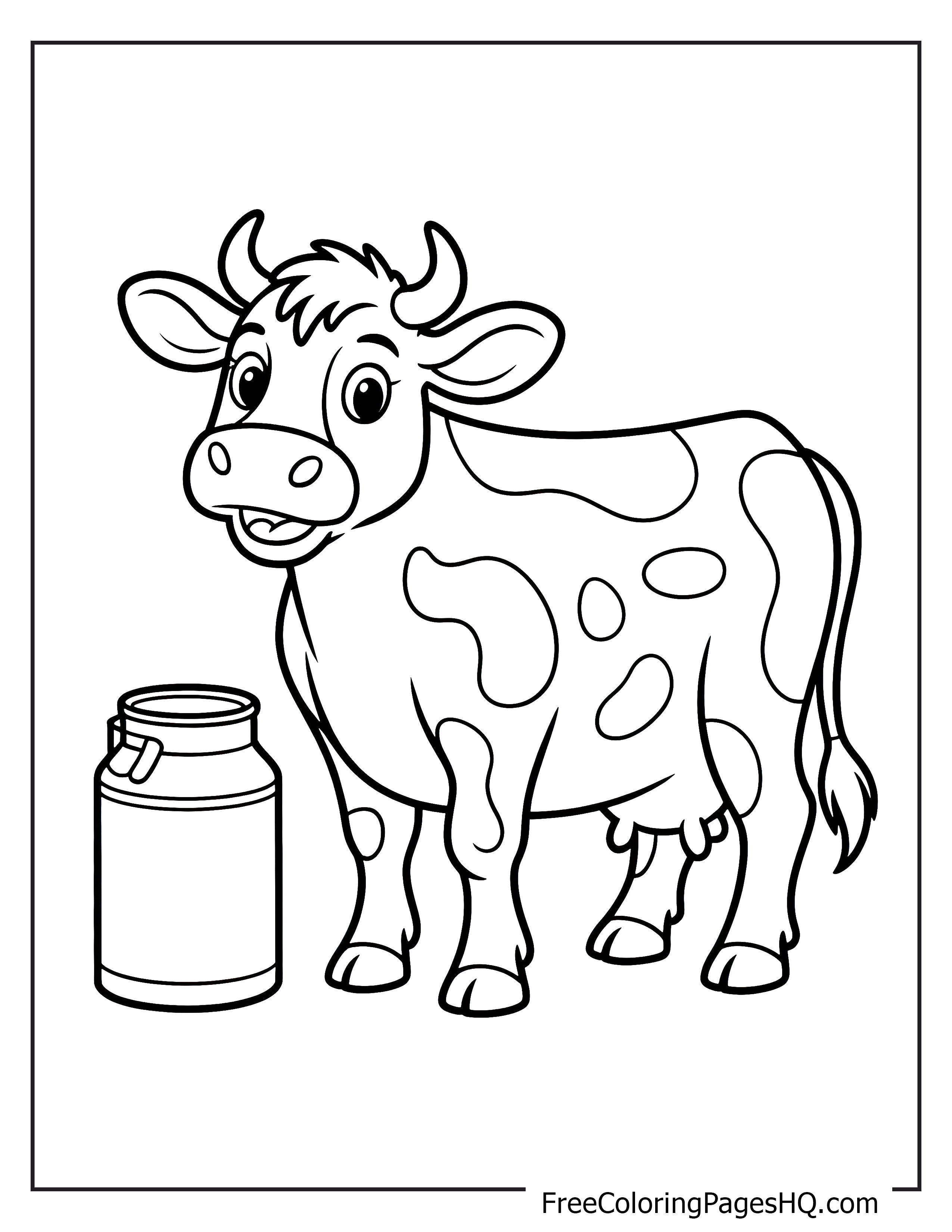 A smiling cow next to a milk can on a white background.
