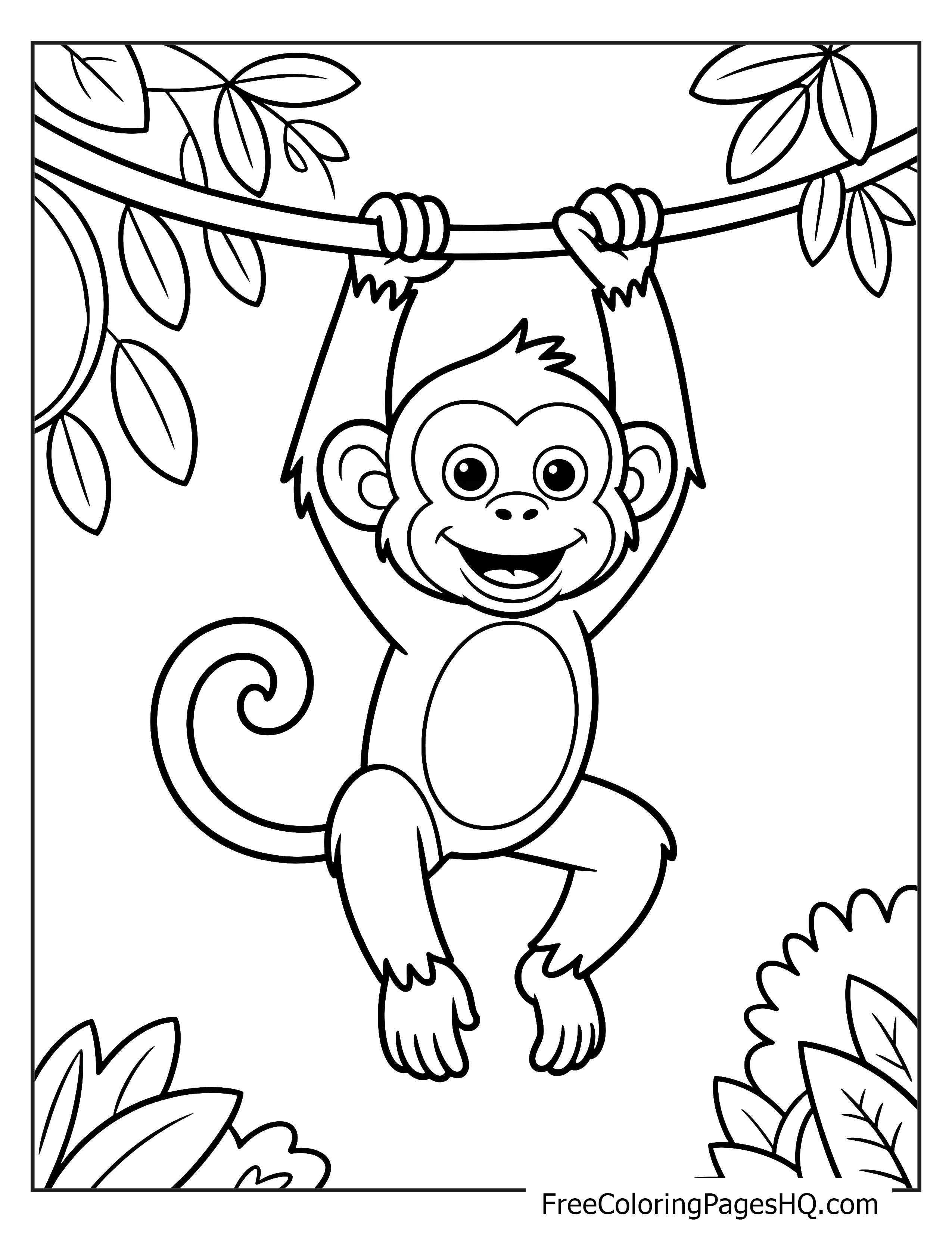 Happy monkey swinging from a tree branch surrounded by jungle leaves.