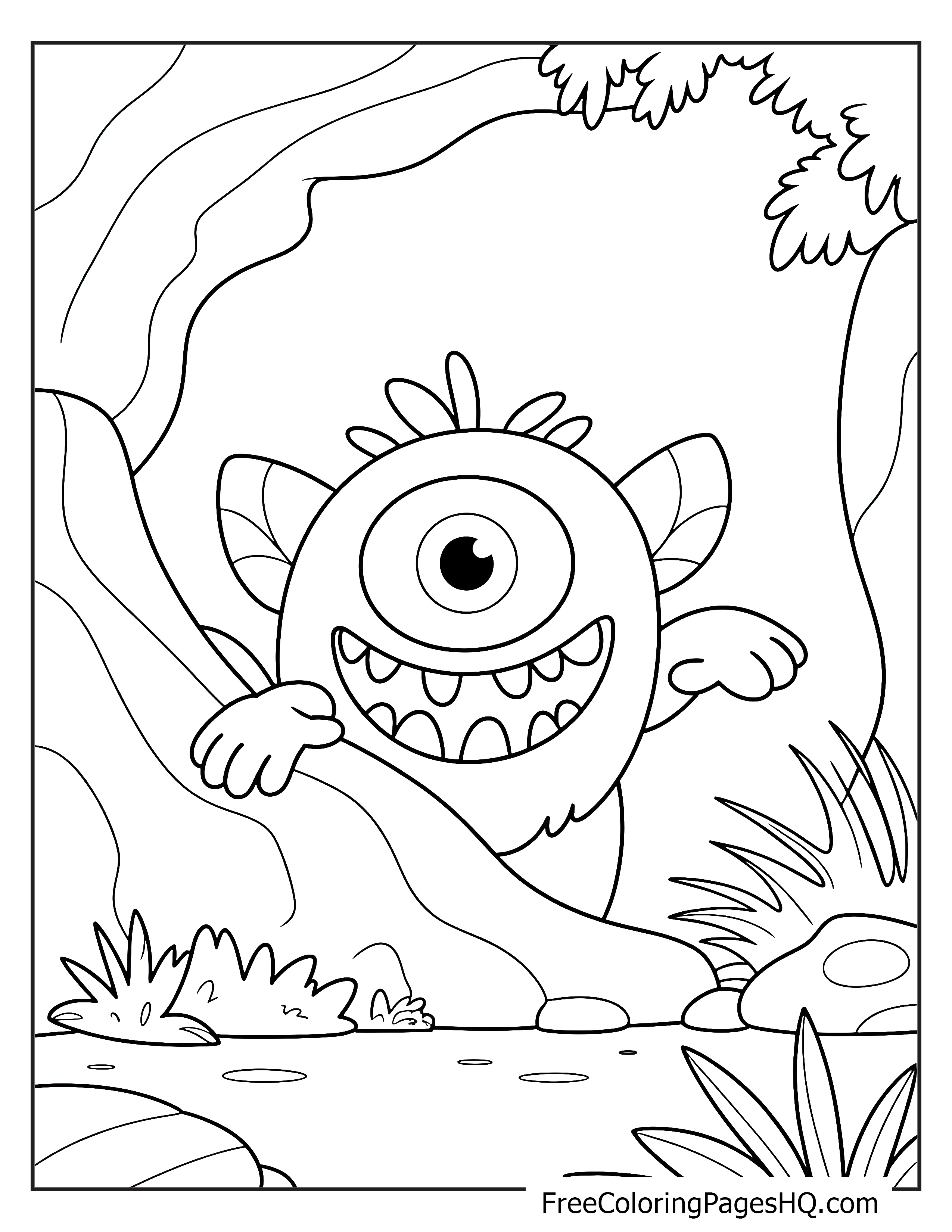 Friendly monster with one big eye peeks from behind a tree in a forest setting.