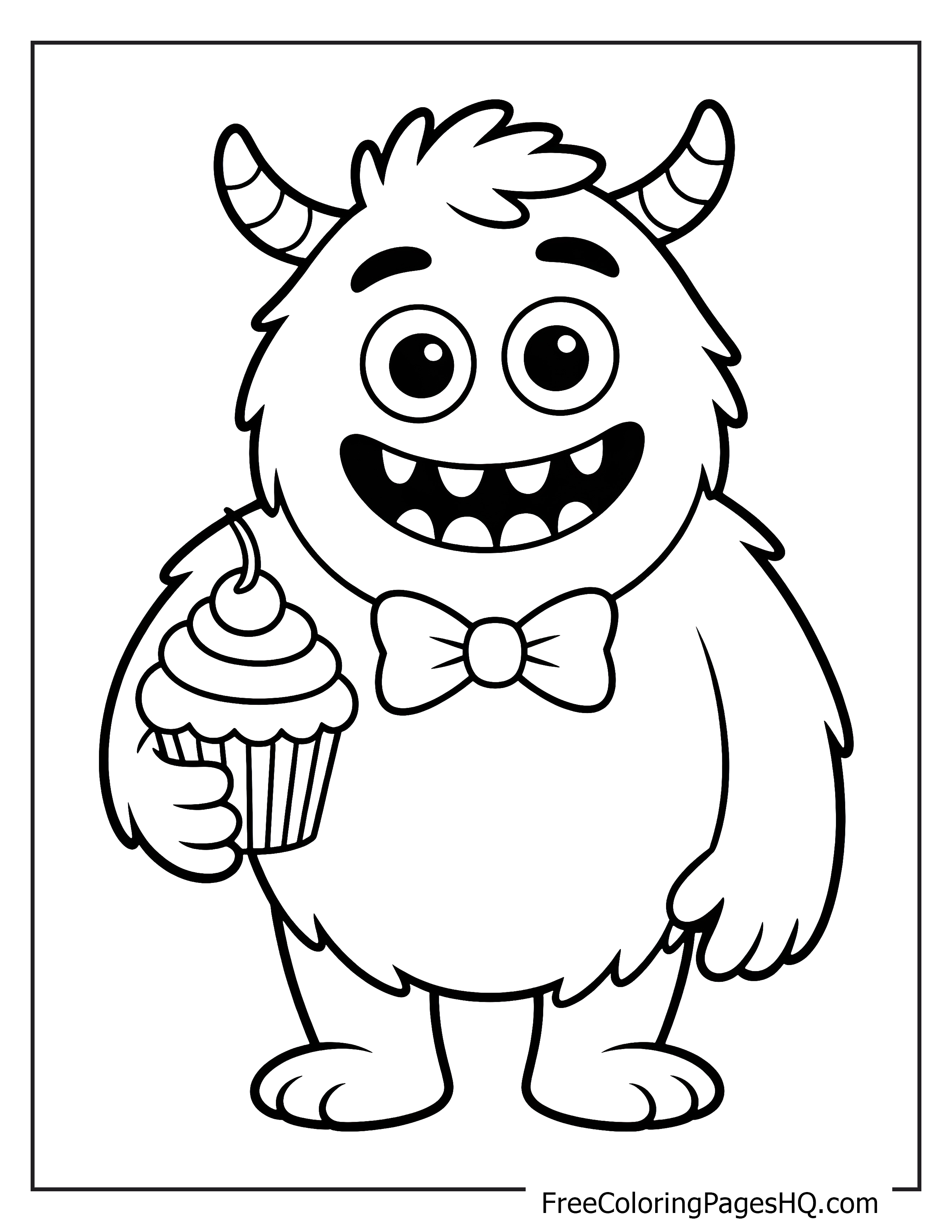 A cheerful monster with horns holding a cupcake and smiling widely.