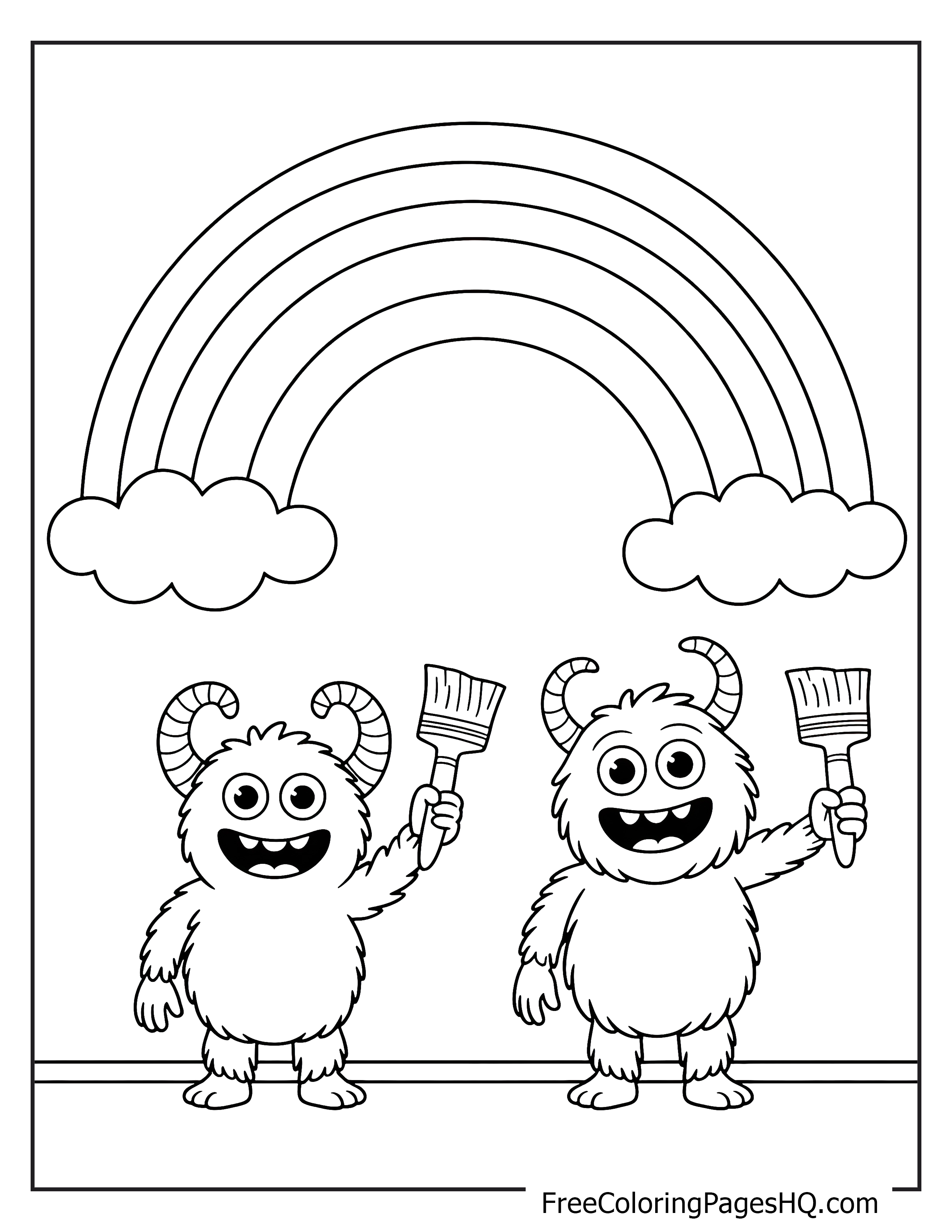 Two smiling monsters hold paintbrushes under a rainbow with fluffy clouds.