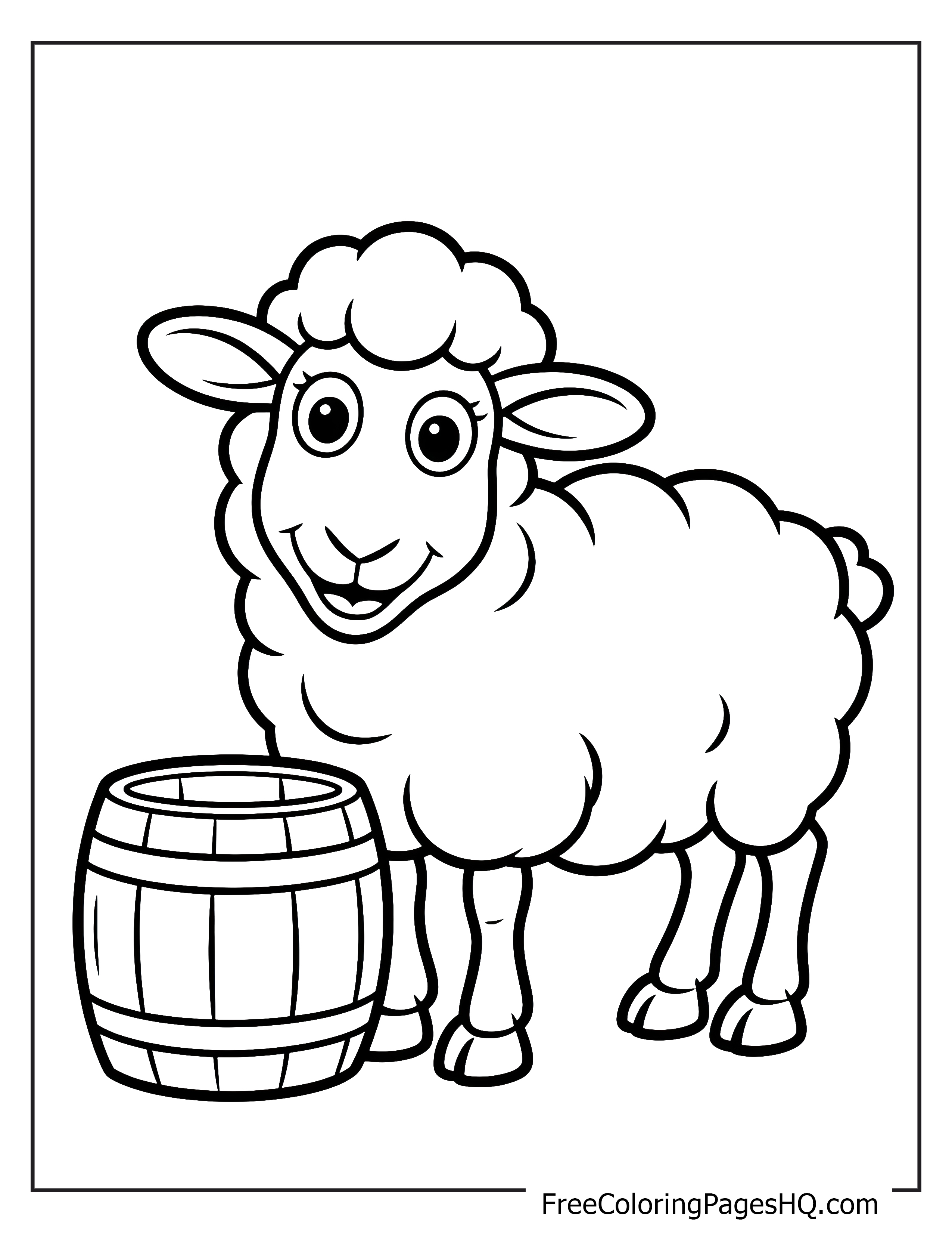 A fluffy sheep smiling next to a wooden barrel.