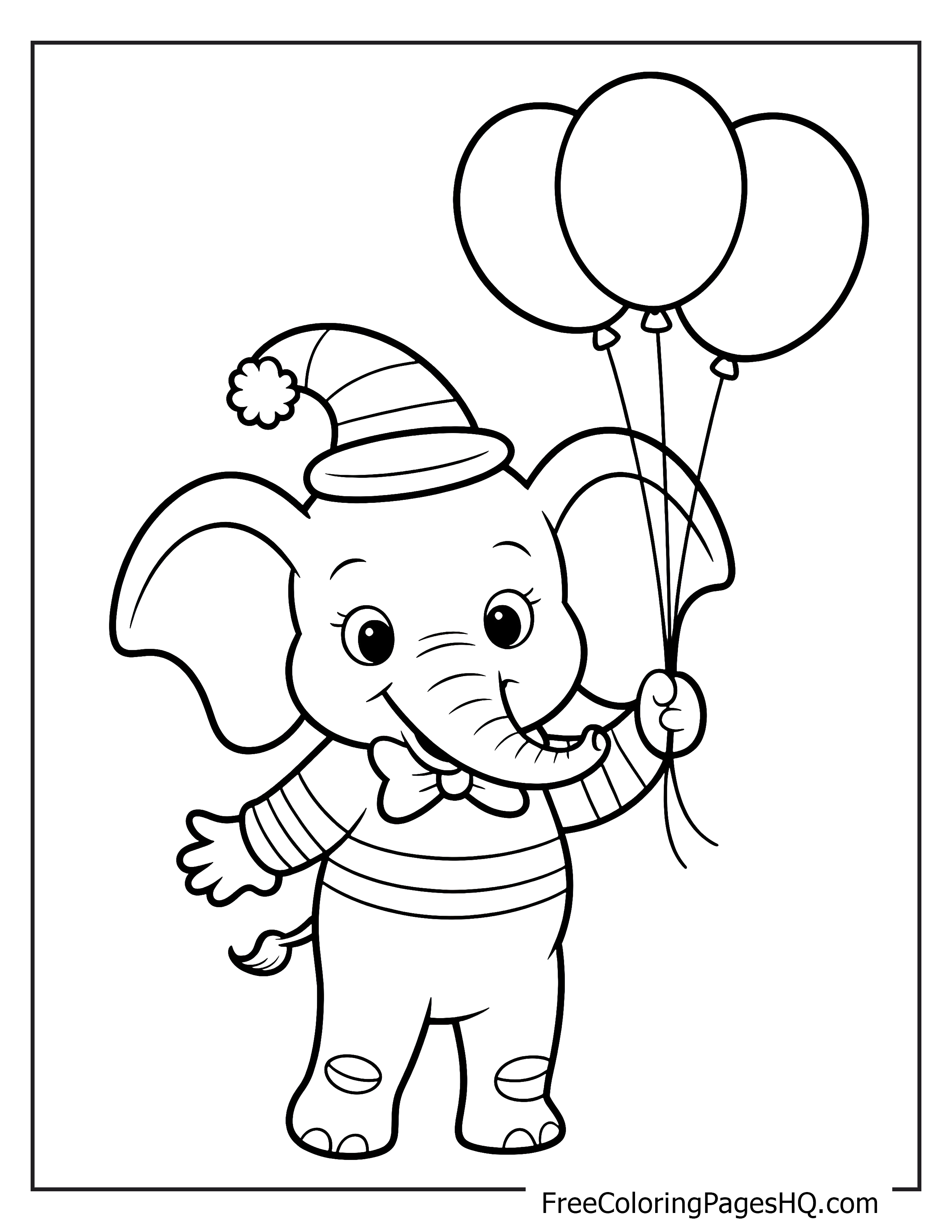 Elephant with balloons illustration for kids.