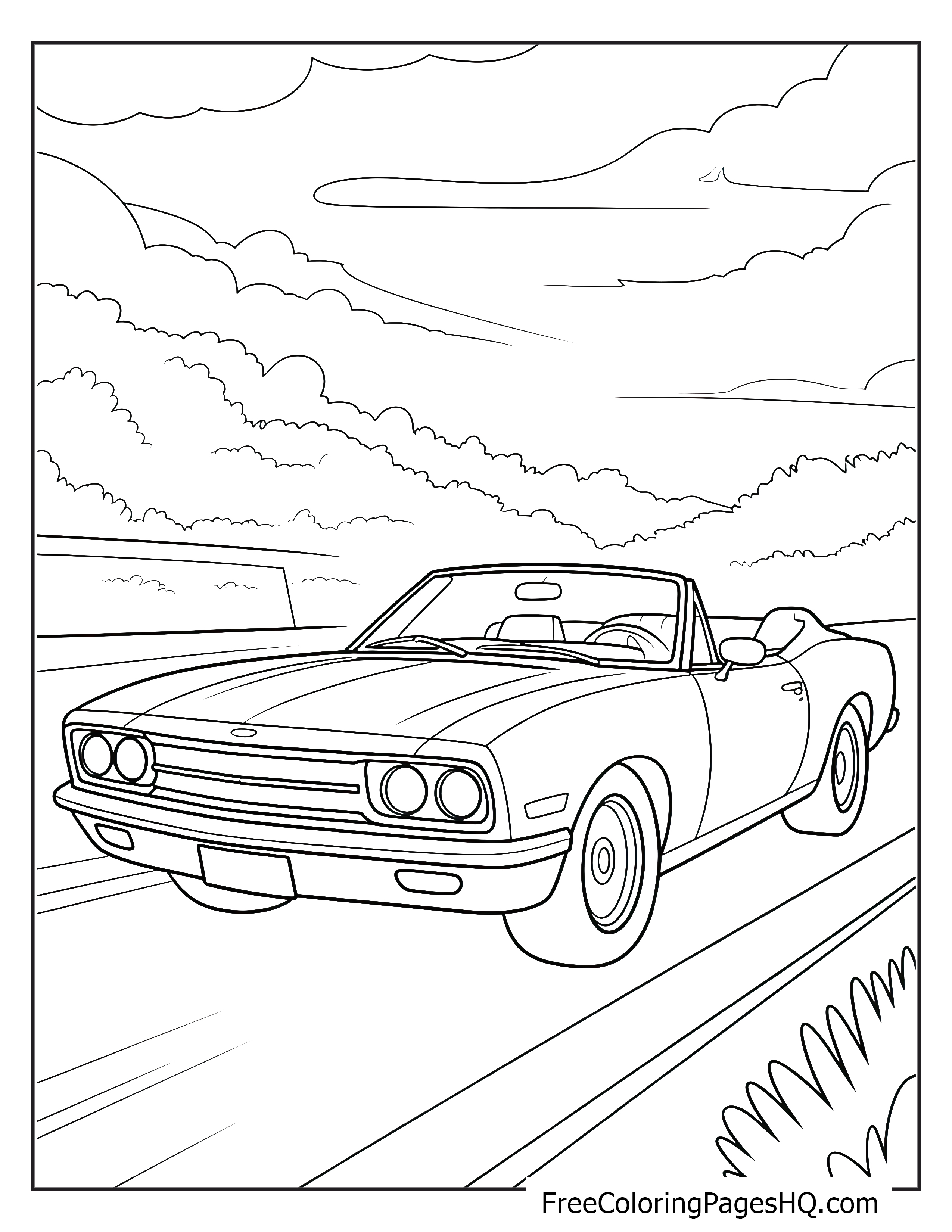 Vintage convertible car driving through nature scene.