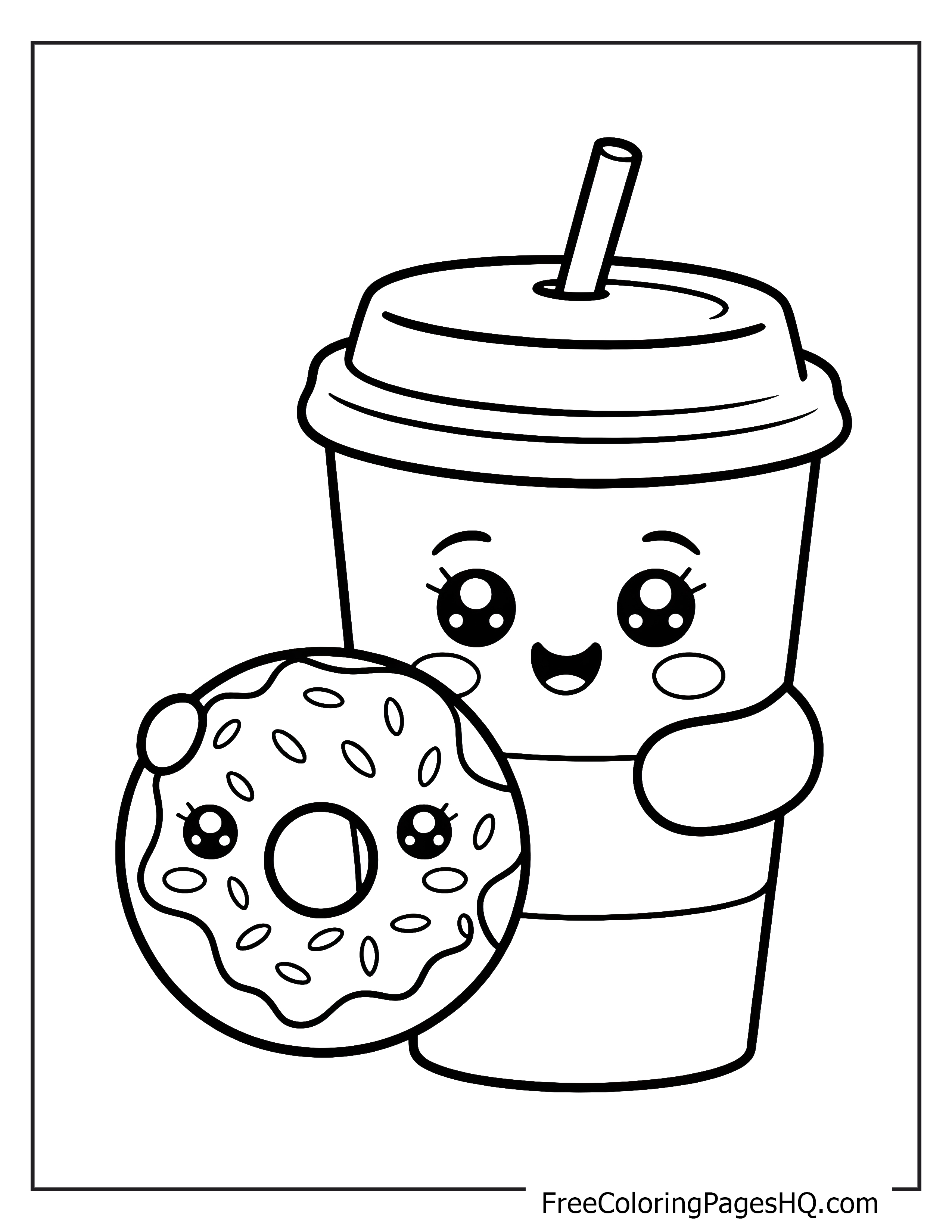 Cute coffee cup and donut with happy faces.