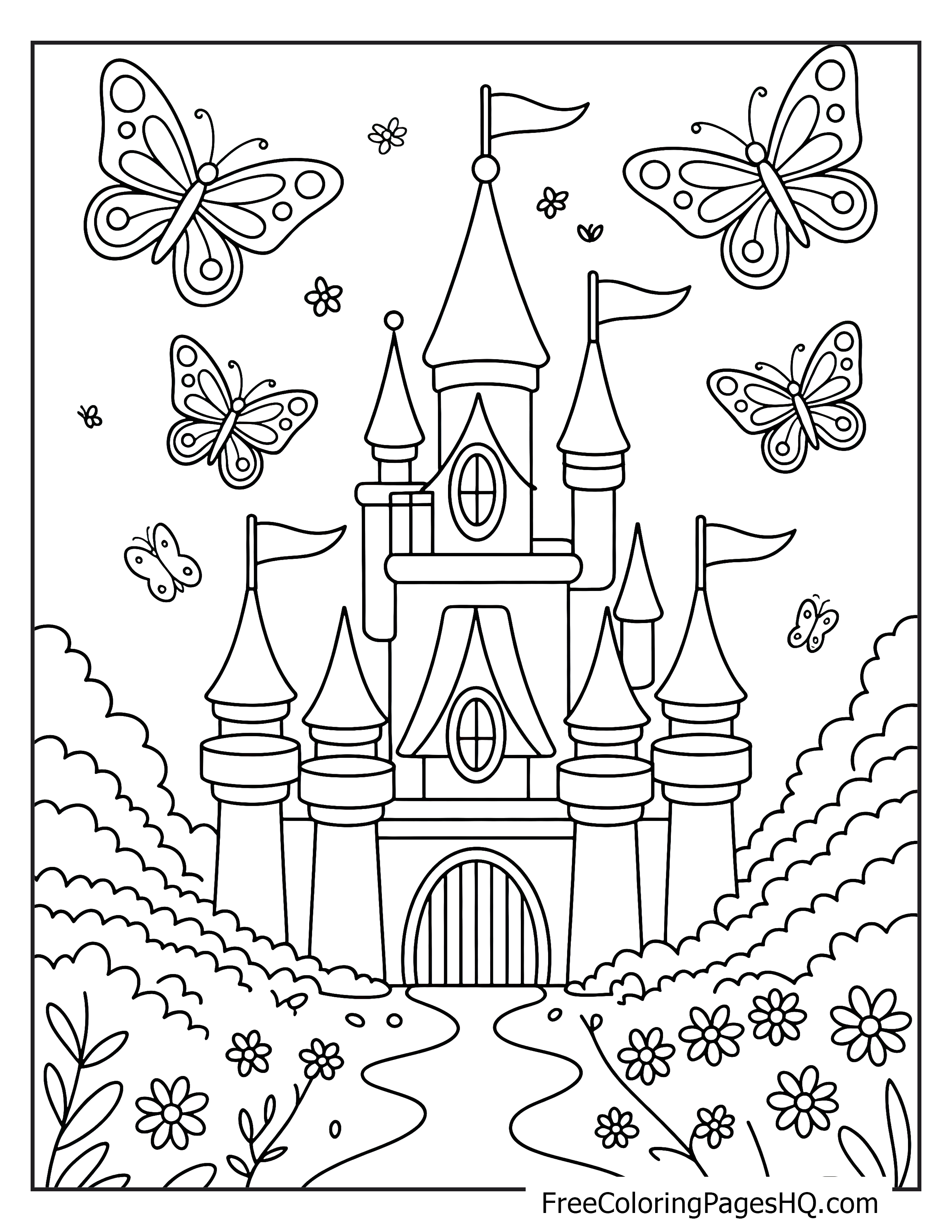 Under a bright sky, a majestic castle is surrounded by fluttering butterflies and blooming flowers.