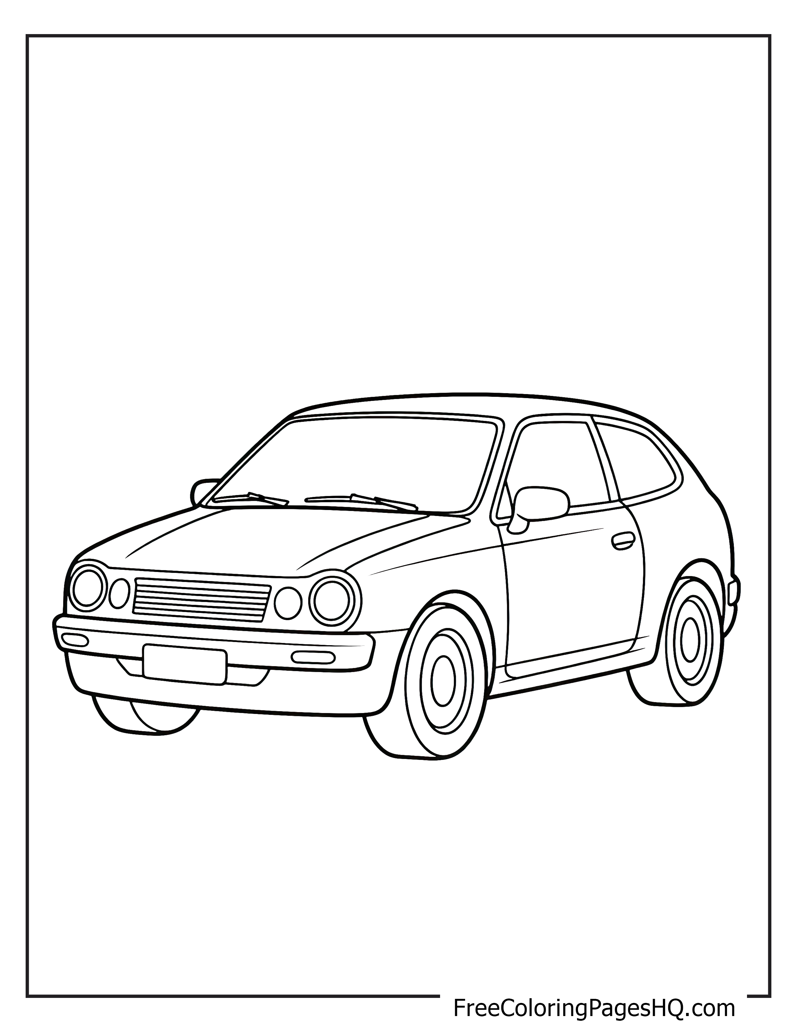 Line drawing of a compact car with rounded features.