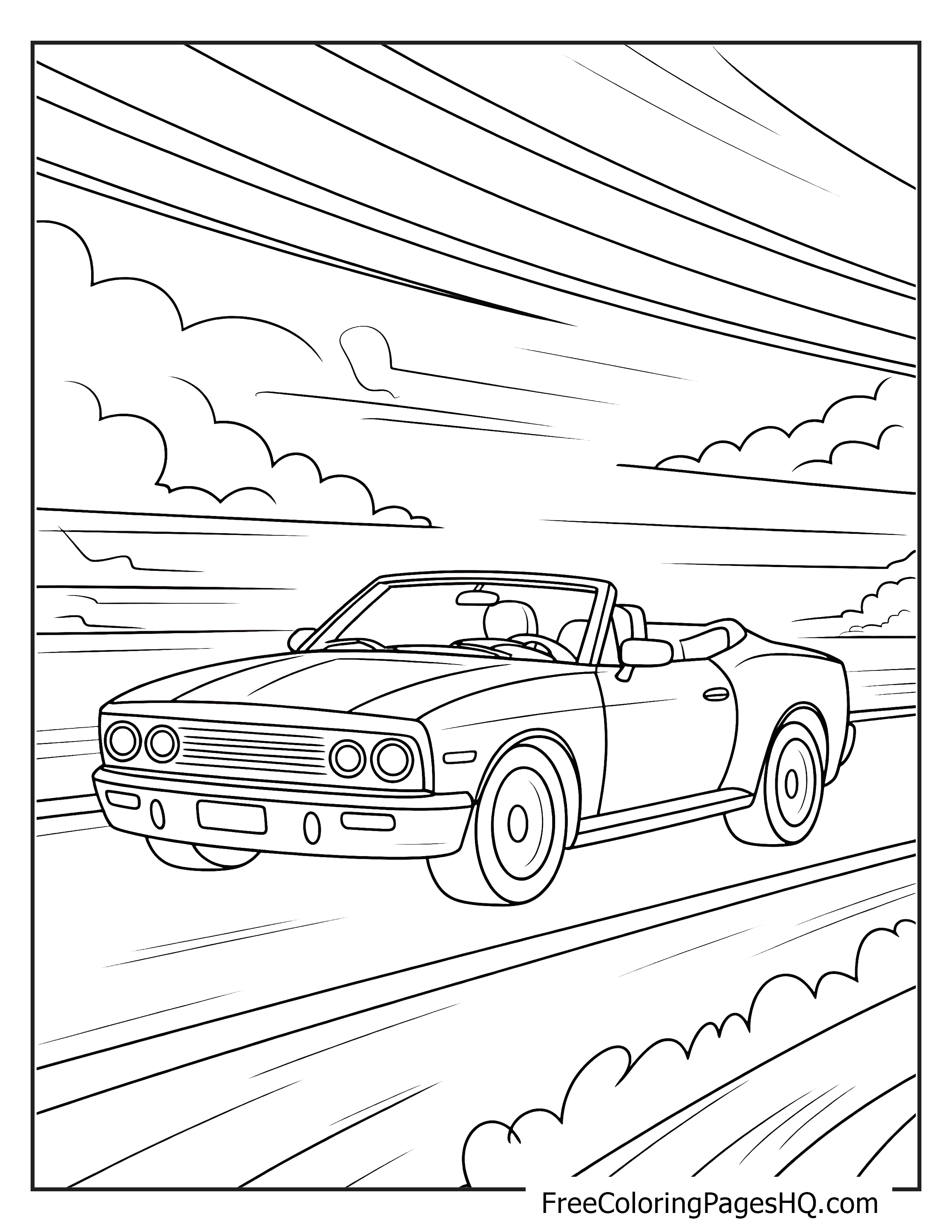 Convertible car driving fast with clouds and motion lines.