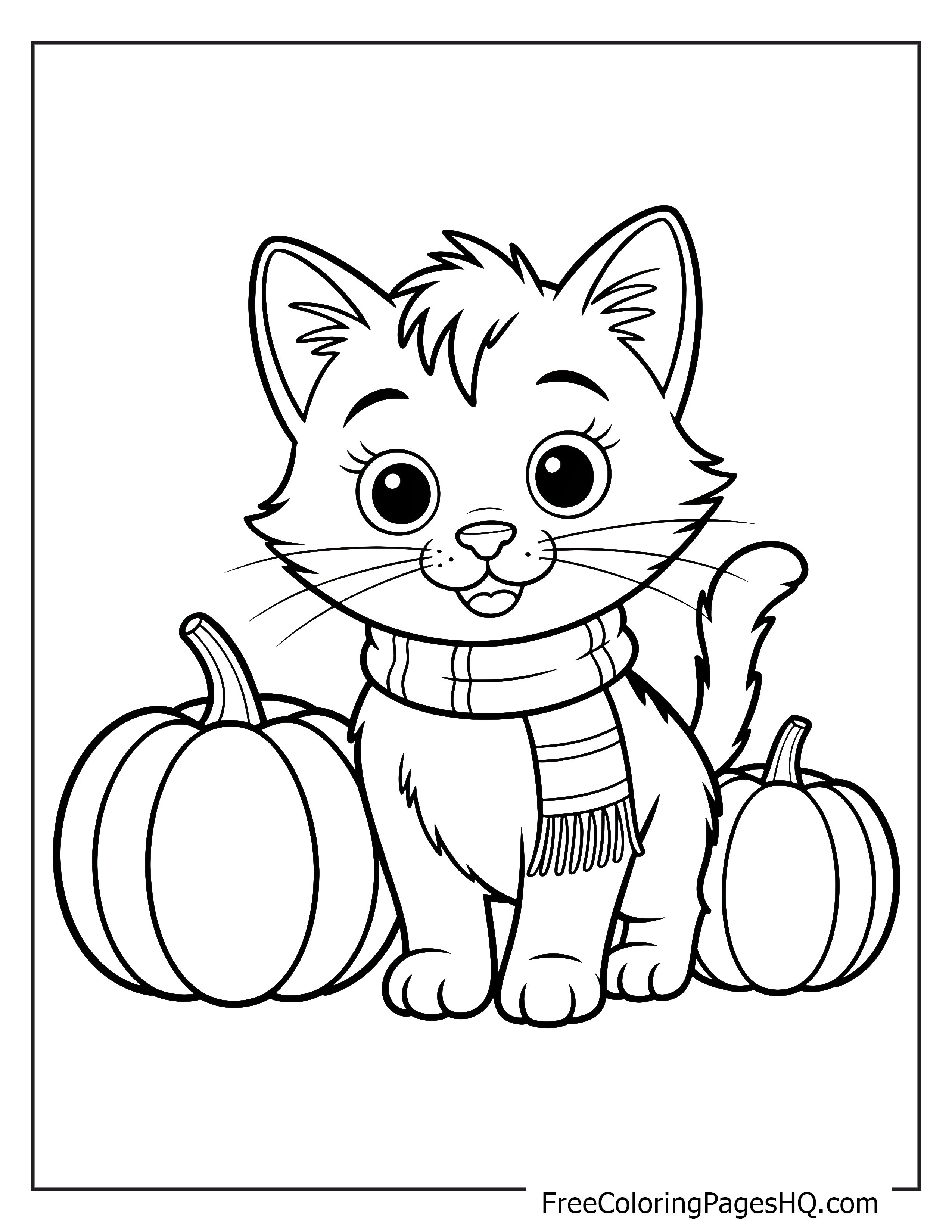 Kitten with scarf and pumpkins illustration for kids.