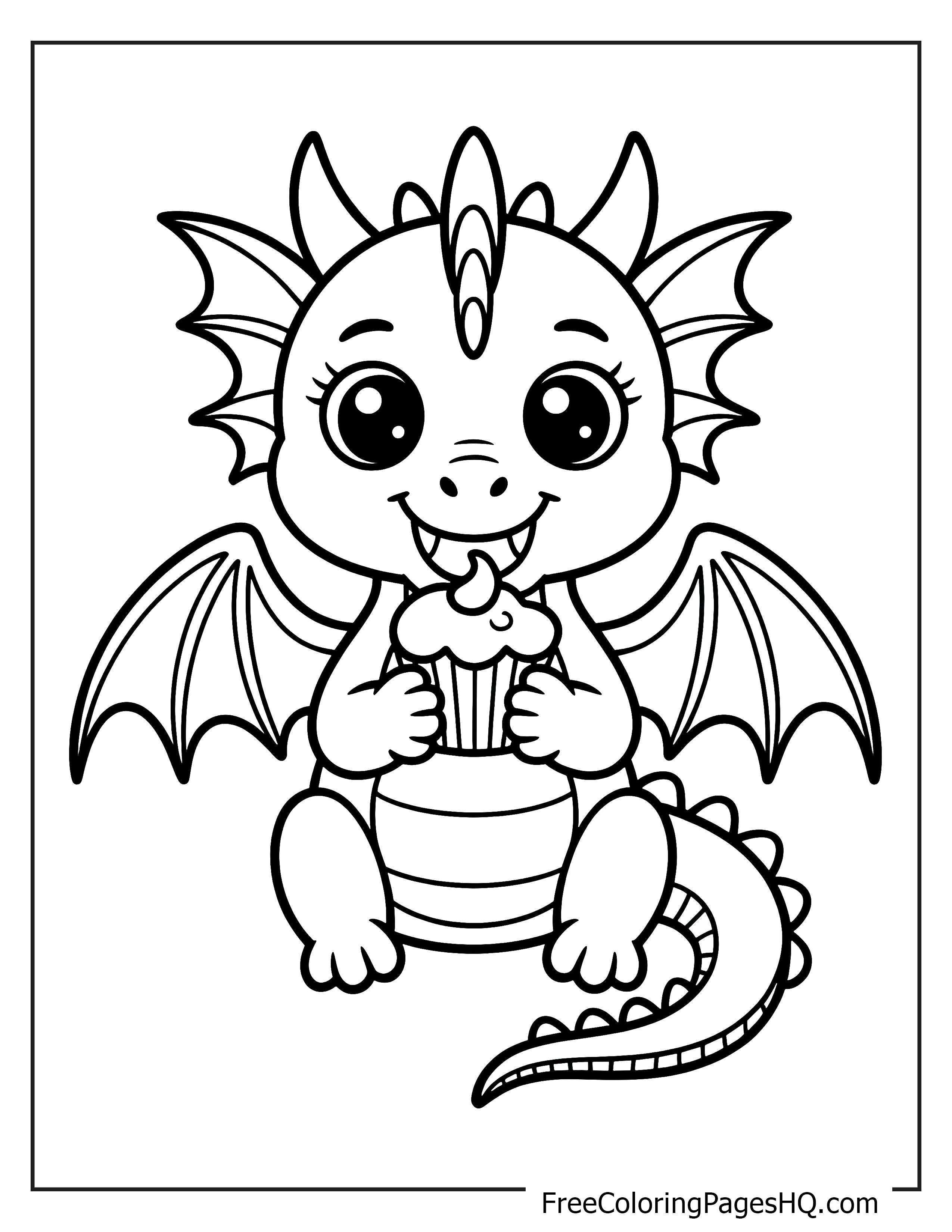 Adorable dragon holding a cupcake illustration.
