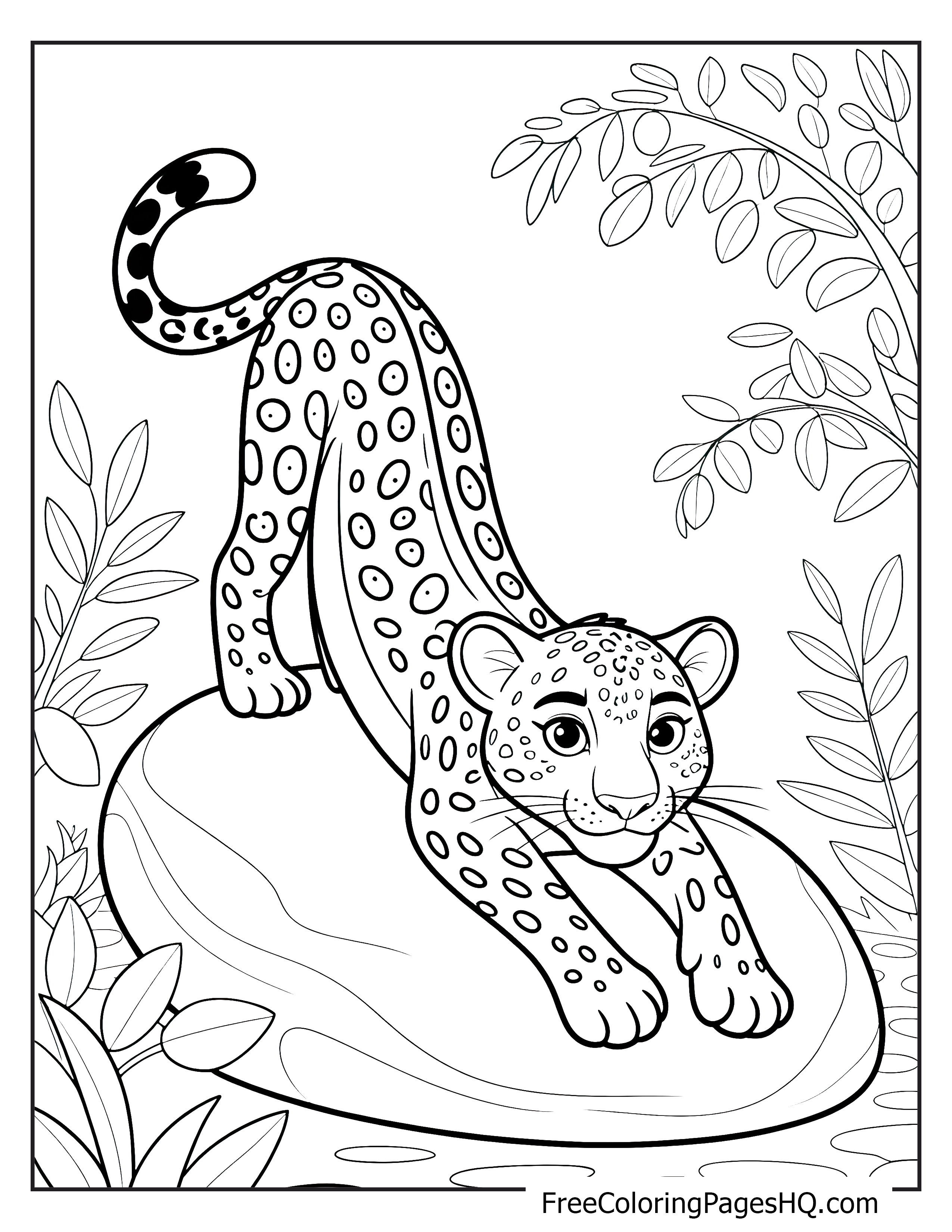 A leopard cub playfully stretches on a rock amid leafy jungle plants.