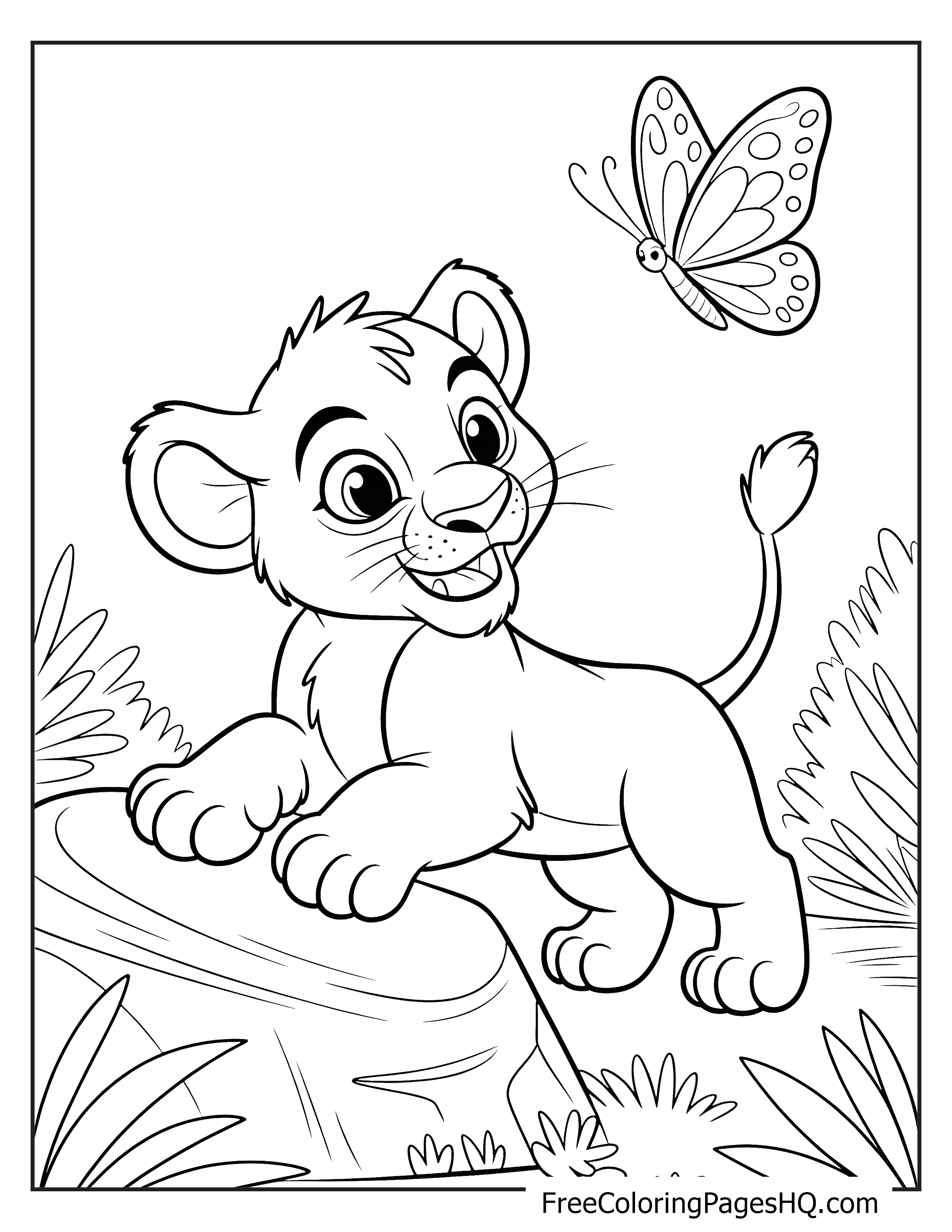 A happy lion cub looks at a butterfly flying above.
