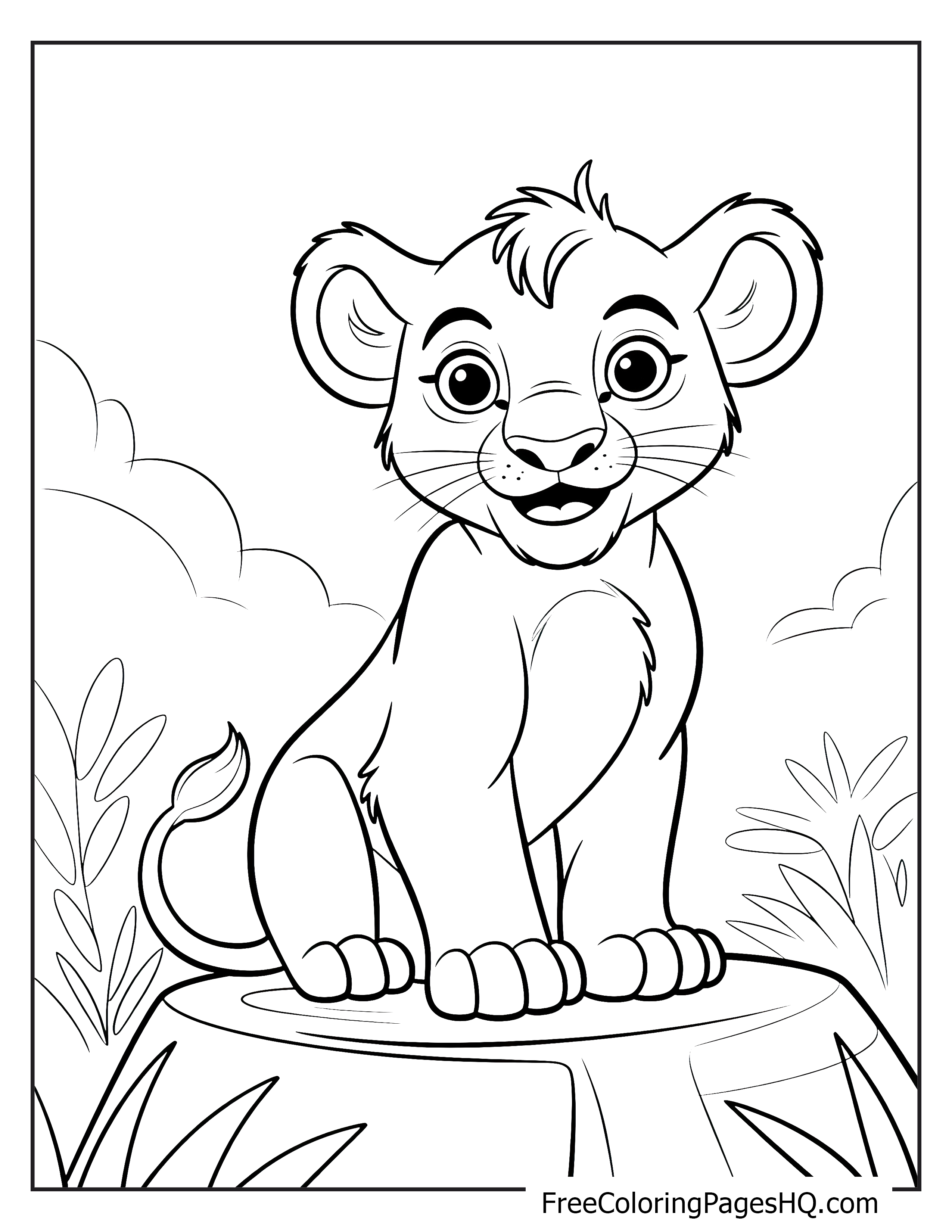 A young lion cub sitting on a stump, looking curious and happy.