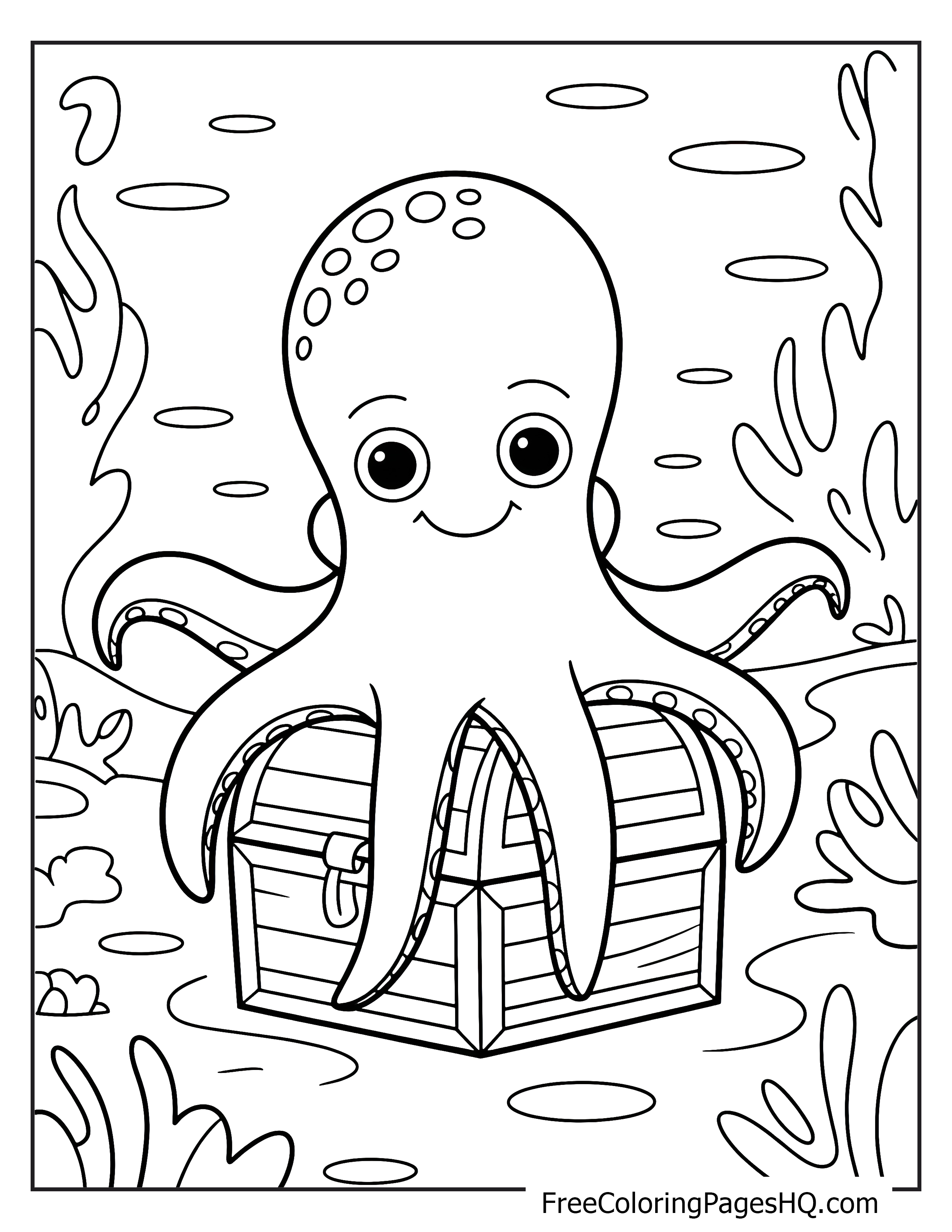 Smiling octopus perched on a wooden treasure chest underwater.