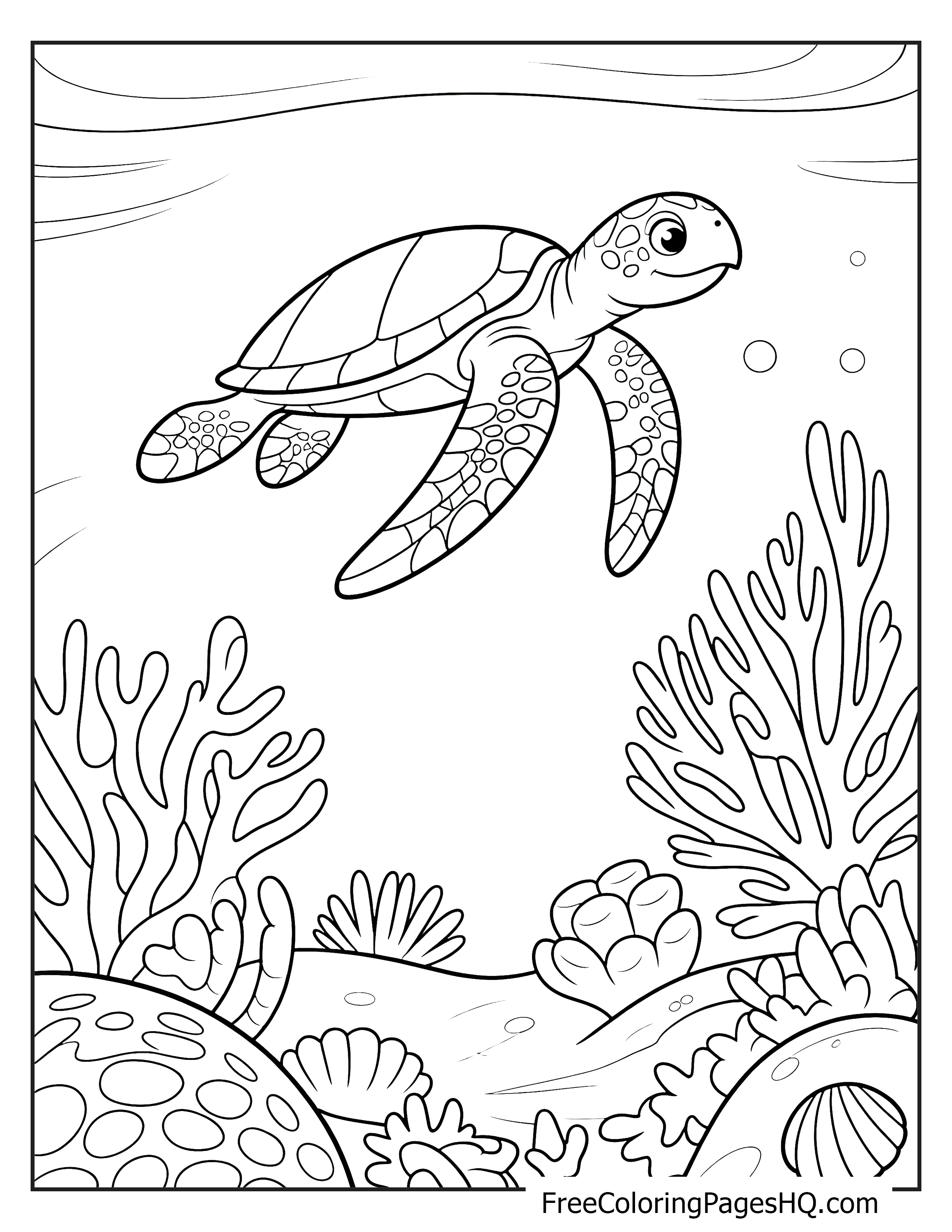 A happy sea turtle swims over vibrant coral and sea plants.