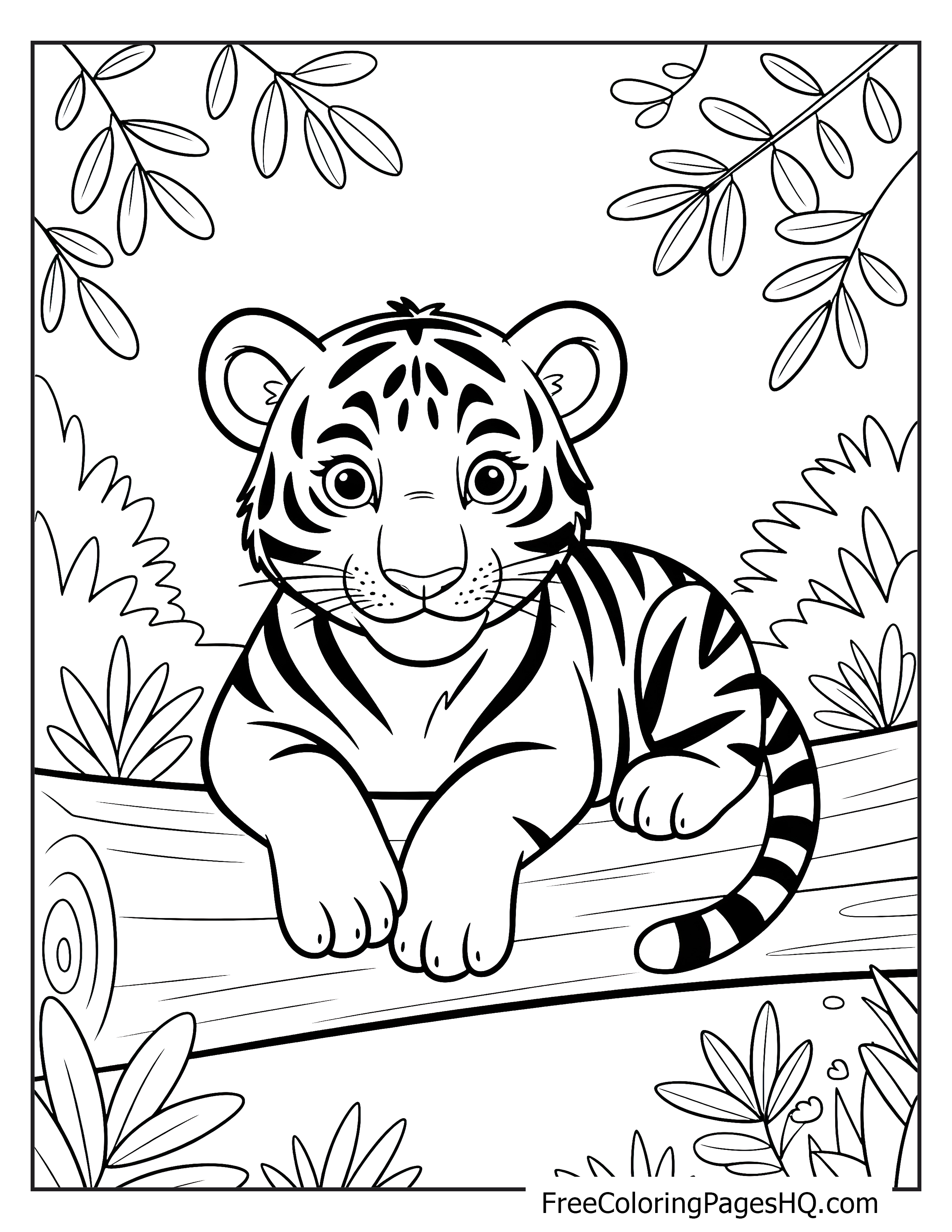 Tiger cub resting on a log surrounded by jungle foliage.