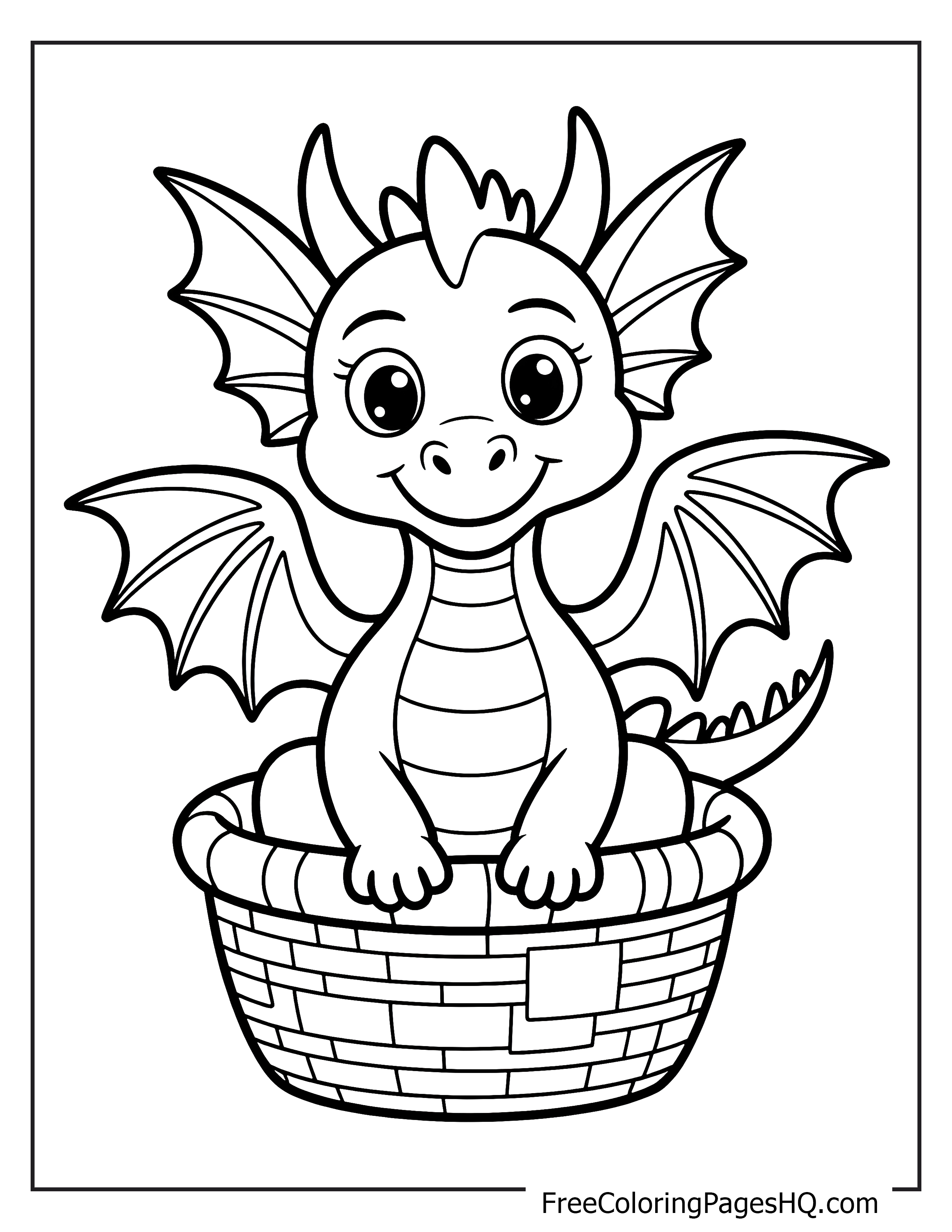 Happy baby dragon sitting in a basket, ready for coloring.