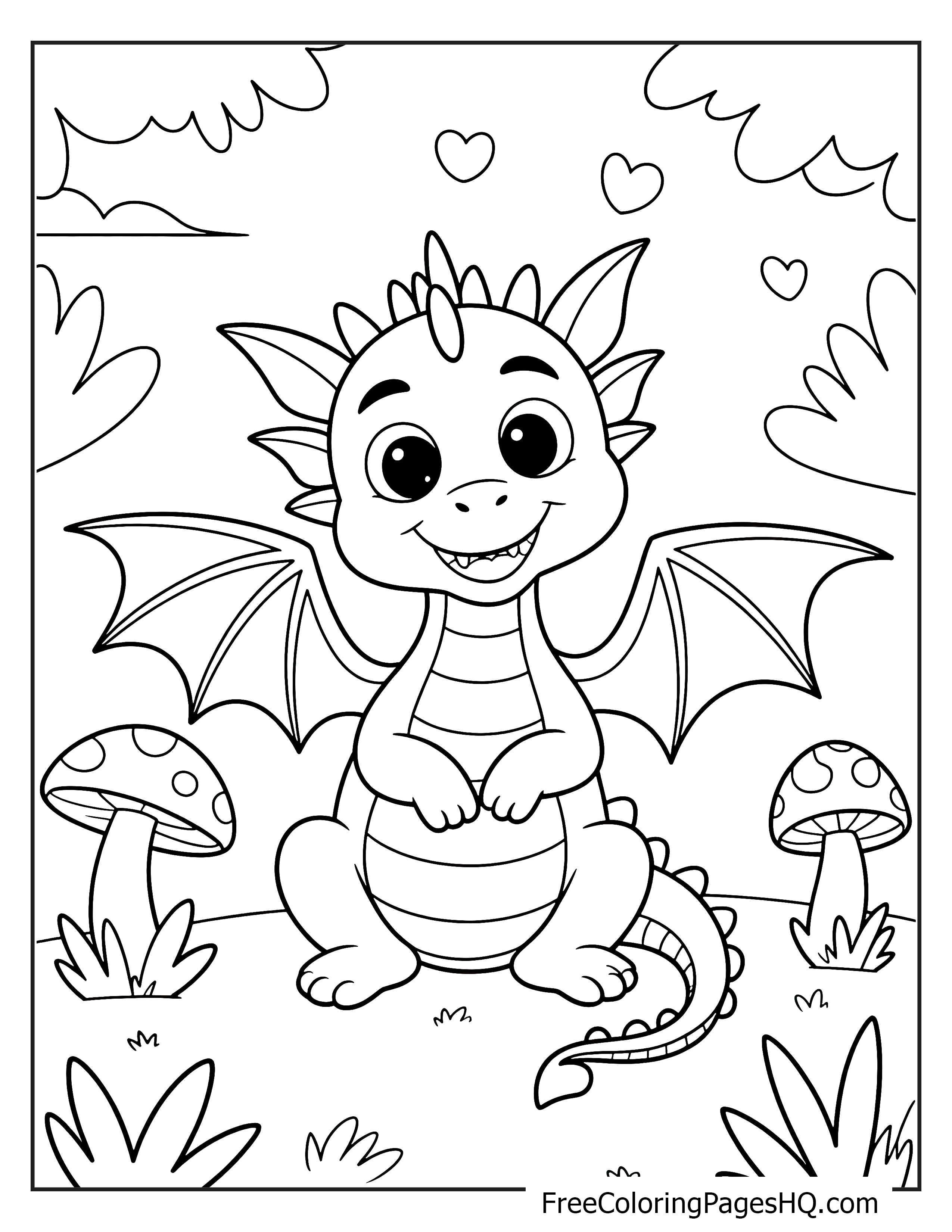 Adorable baby dragon with wings and mushrooms.