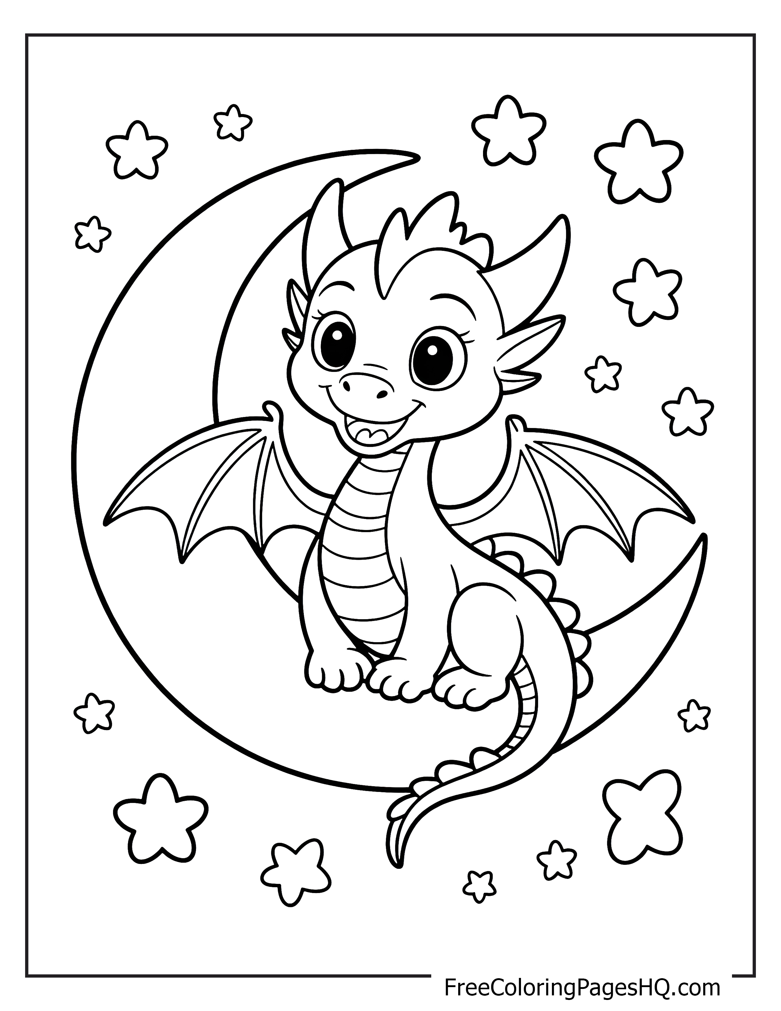 Adorable baby dragon sitting on a crescent moon with stars.