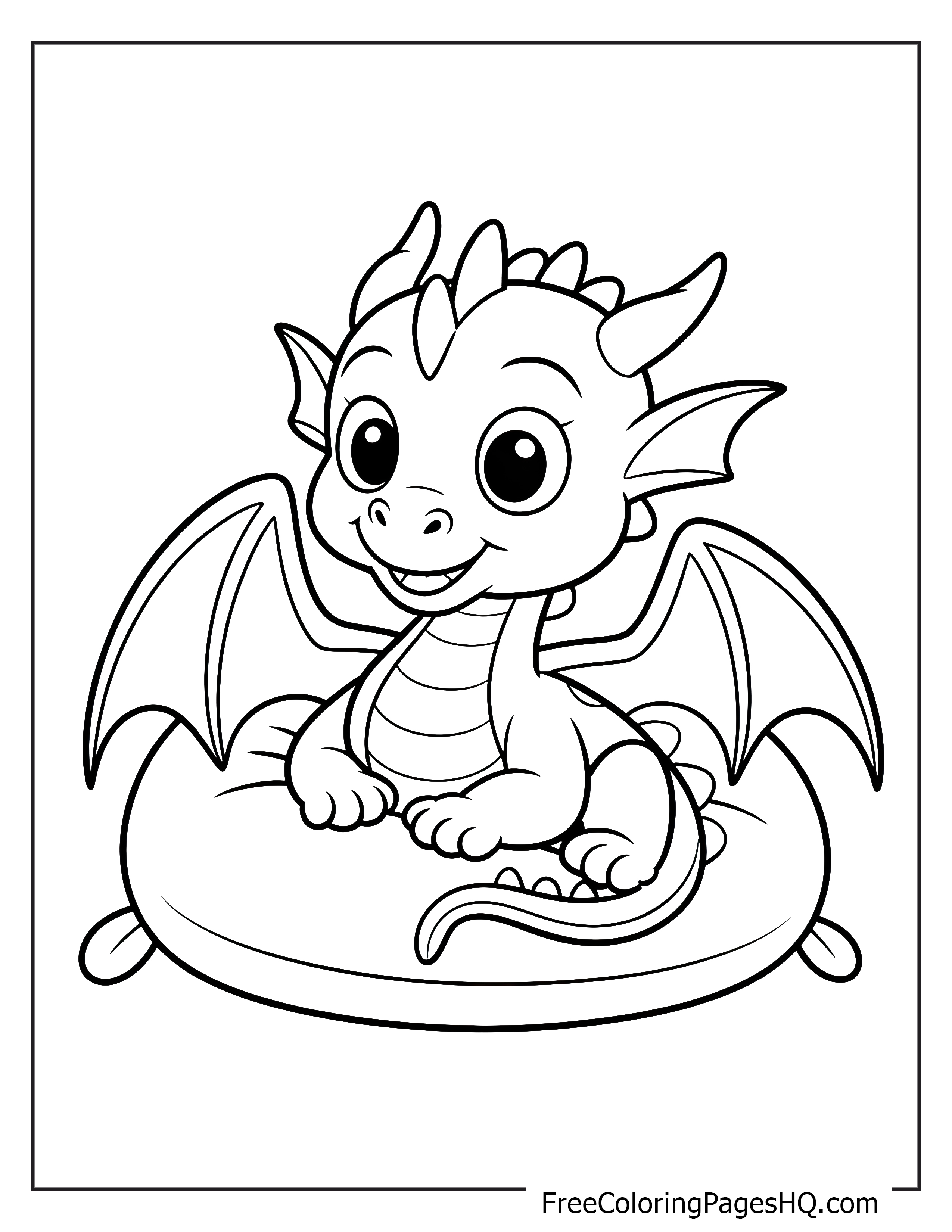 Adorable baby dragon sitting on a cushion.