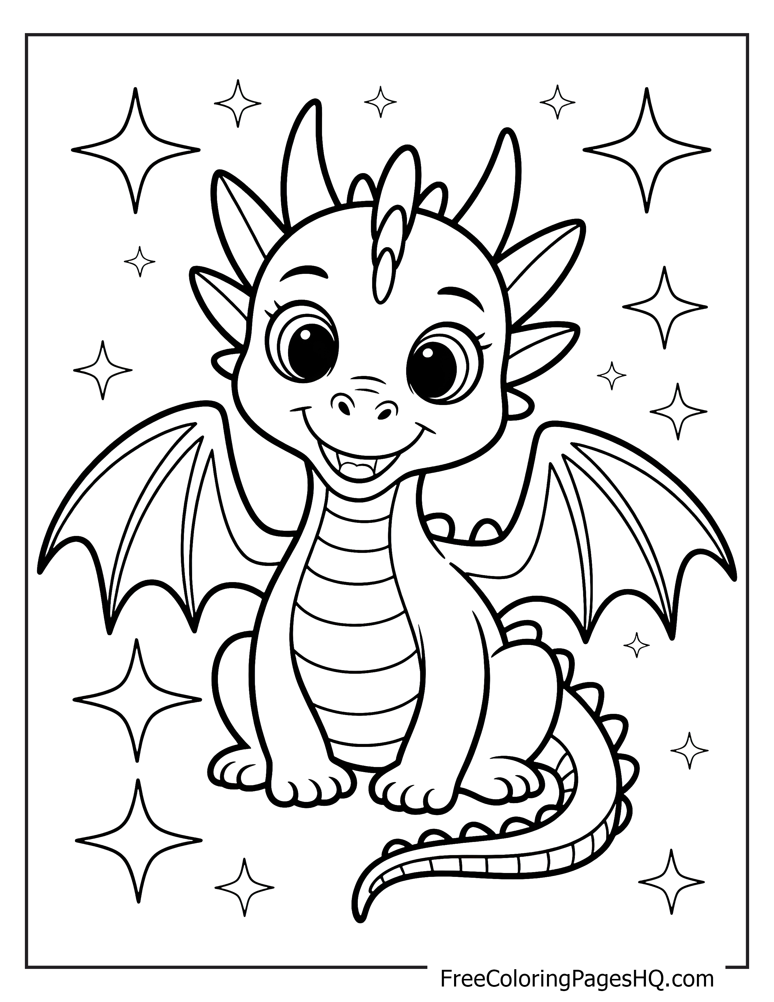 Smiling baby dragon with wings and stars illustration.