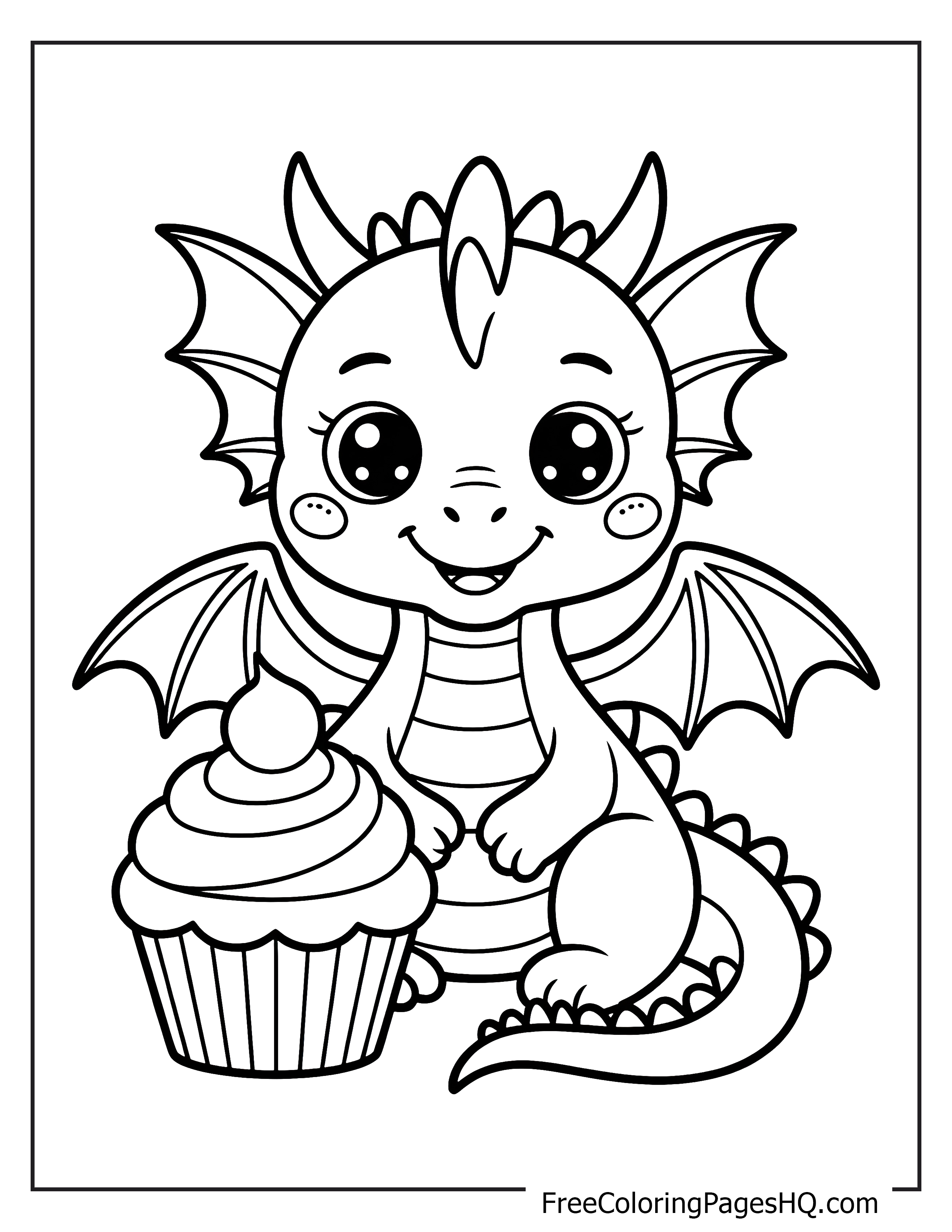 Adorable baby dragon next to a cupcake illustration.