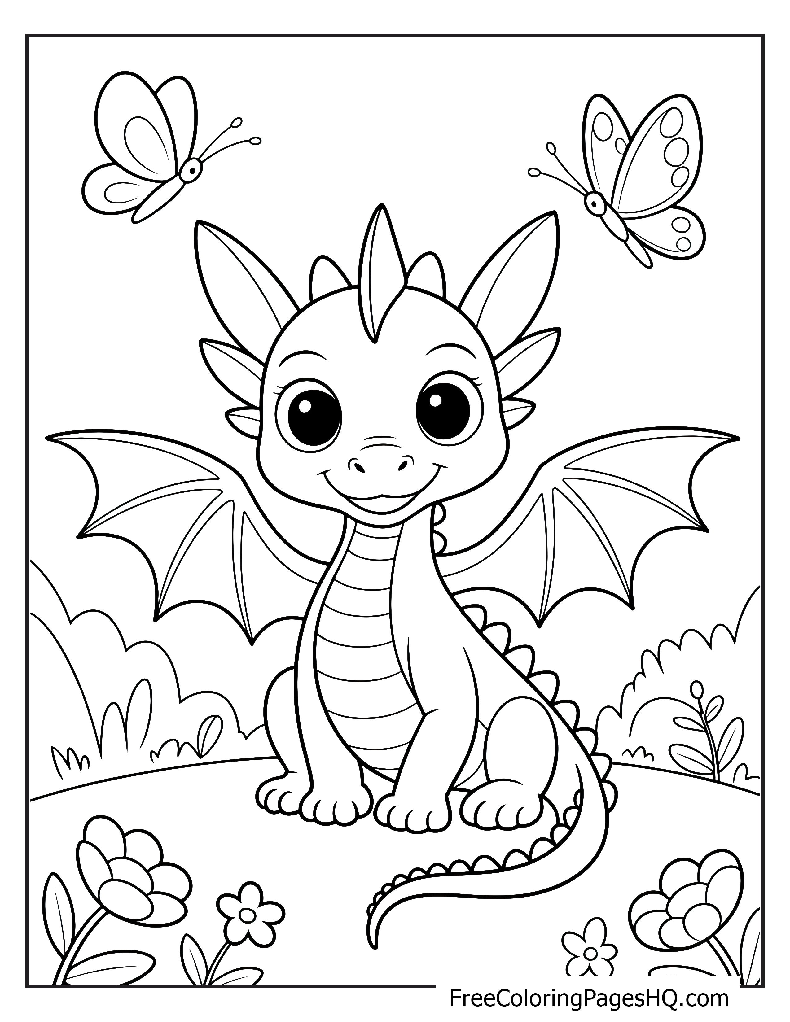 Adorable baby dragon playing with butterflies in a garden.