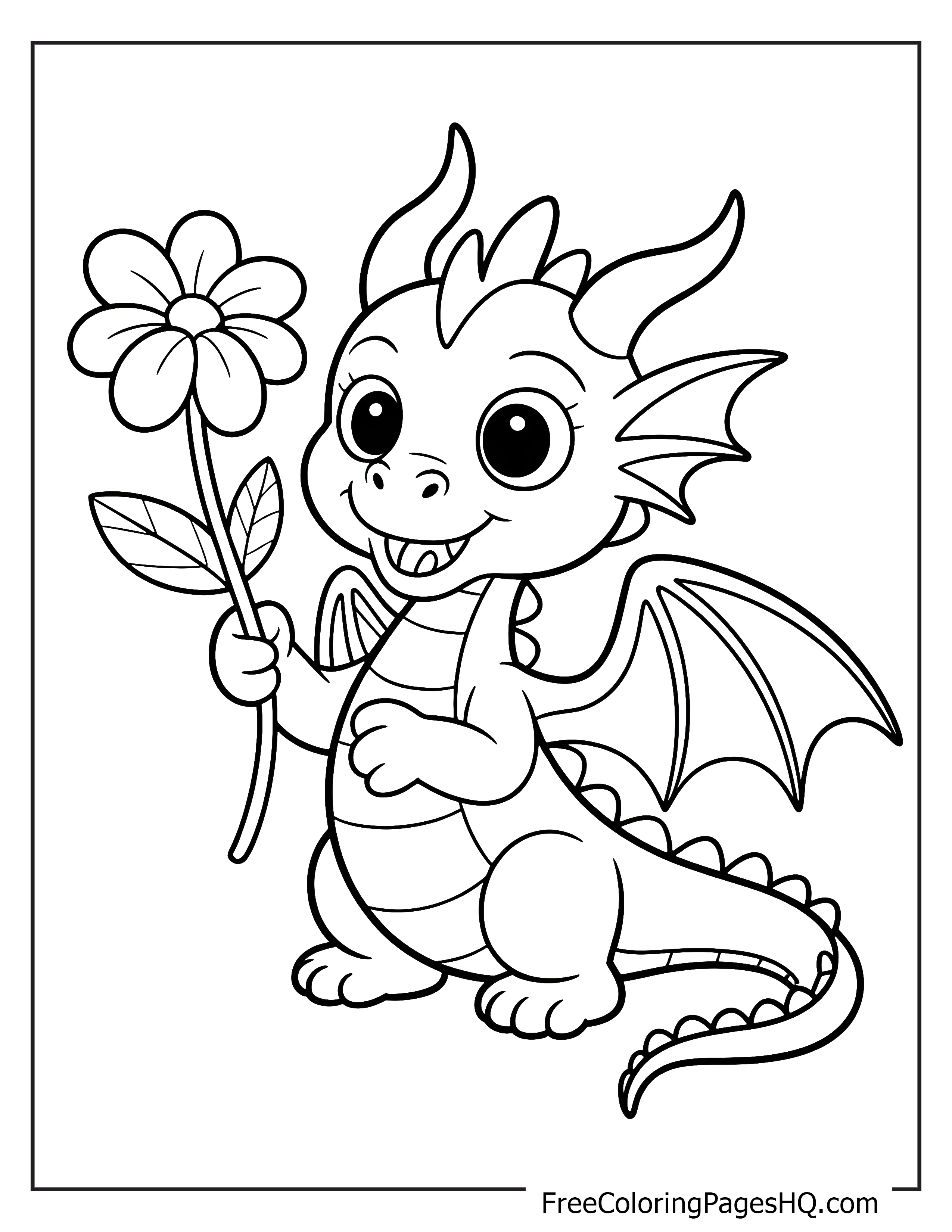 Adorable baby dragon holding a flower.