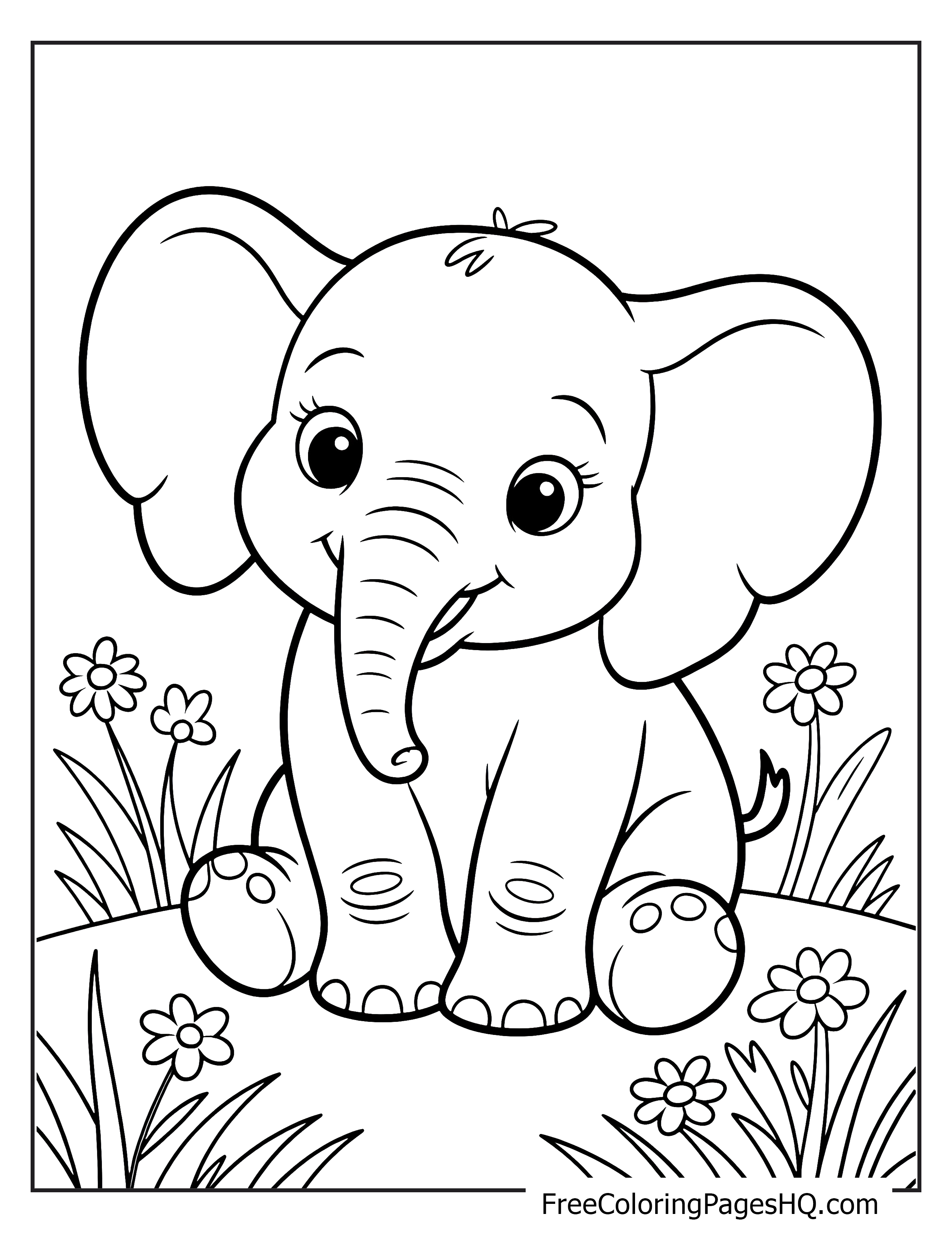 Adorable baby elephant with flowers for kids to color.